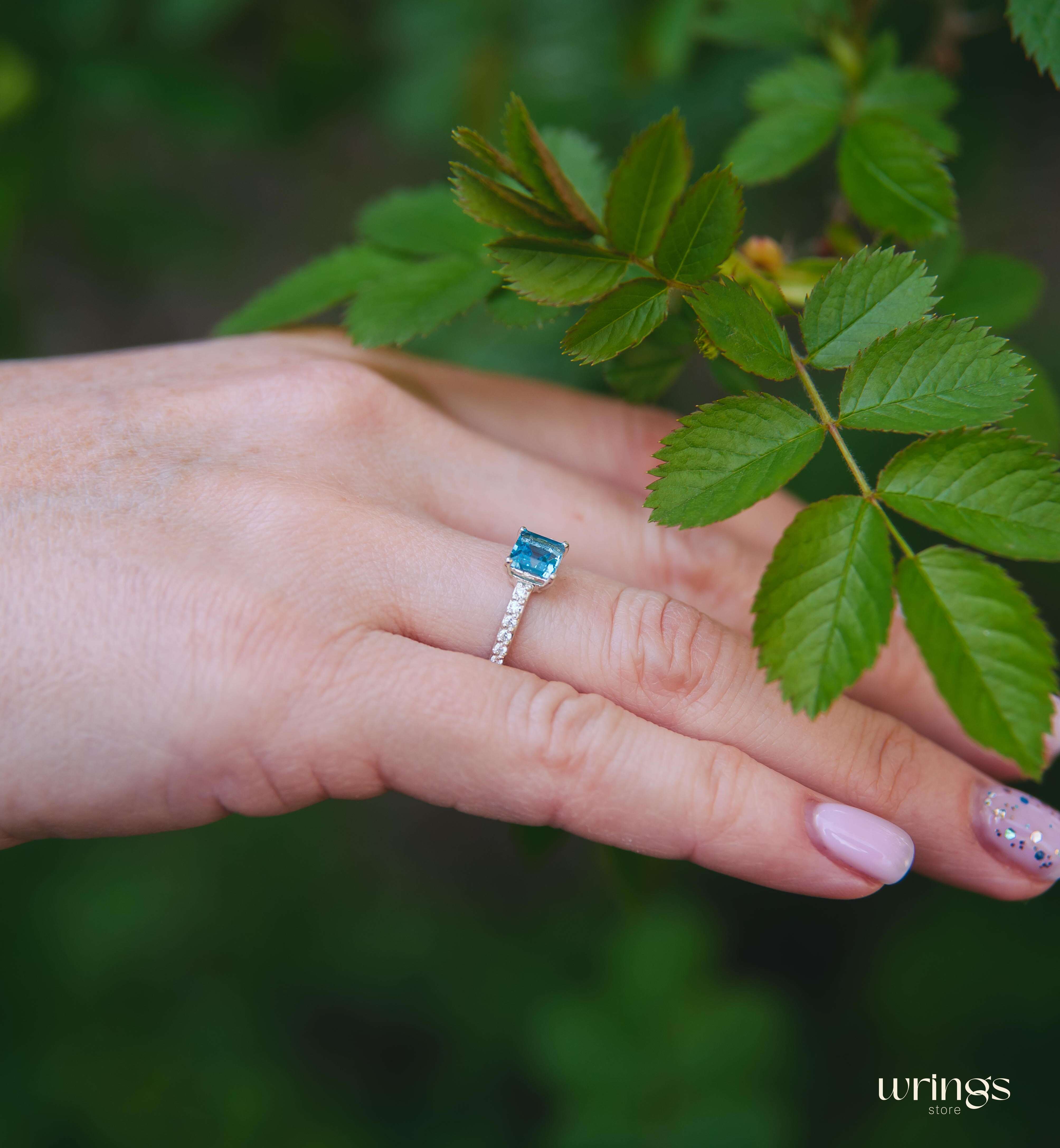 Square Blue Topaz Engagement Ring Silver & CZ Side Stones