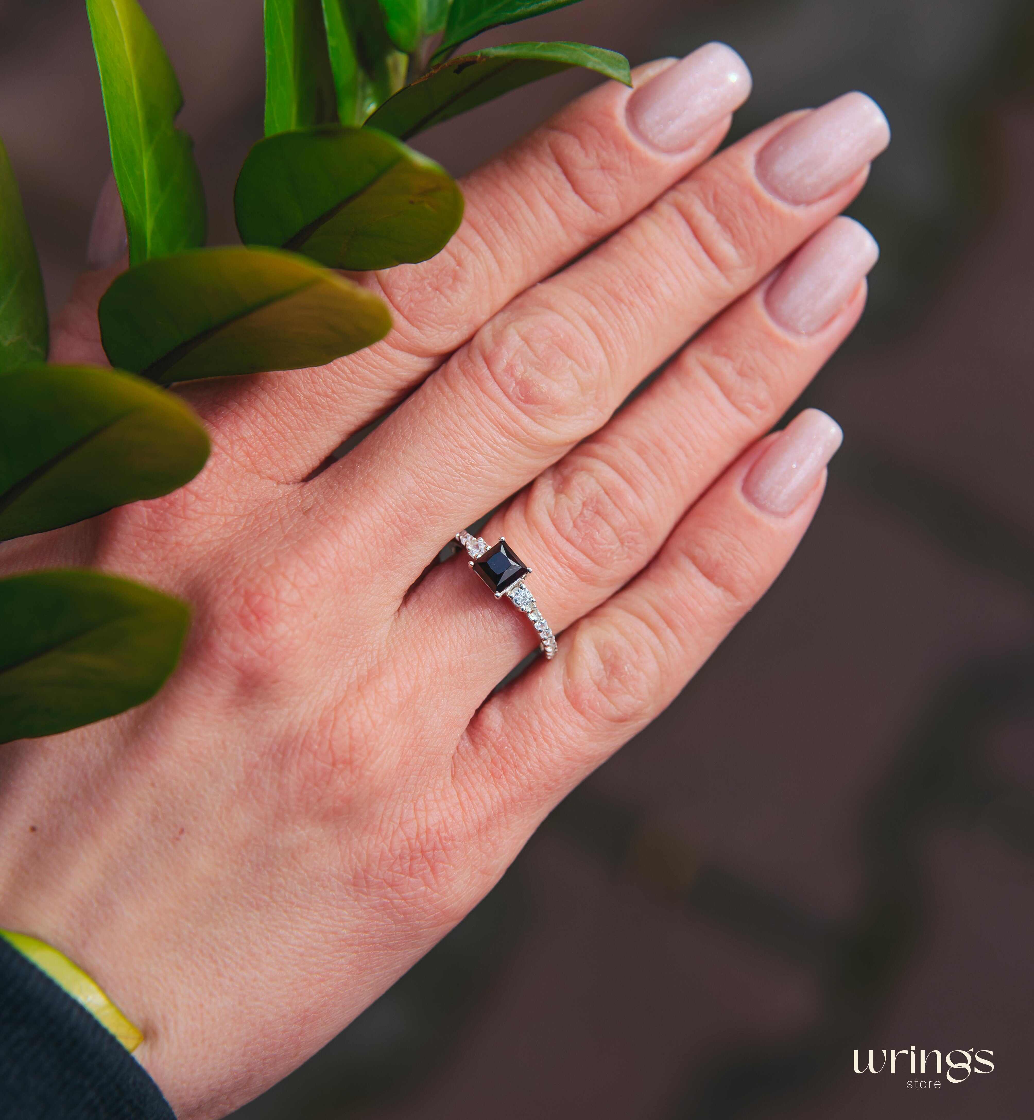 Square Cut Garnet Engagement Ring Silver with accents