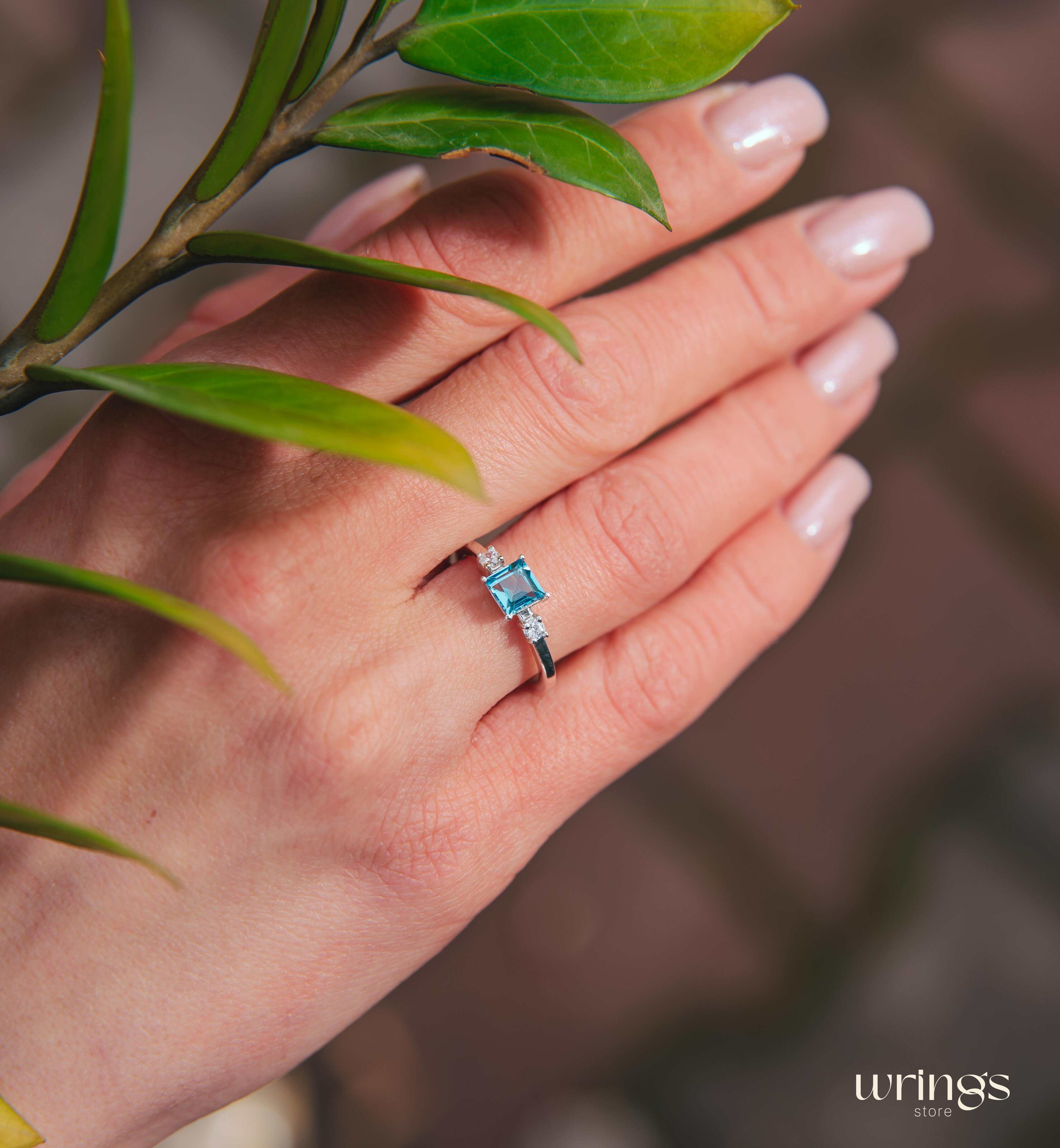 Square Swiss Topaz 3 Stone Engagement Ring Silver