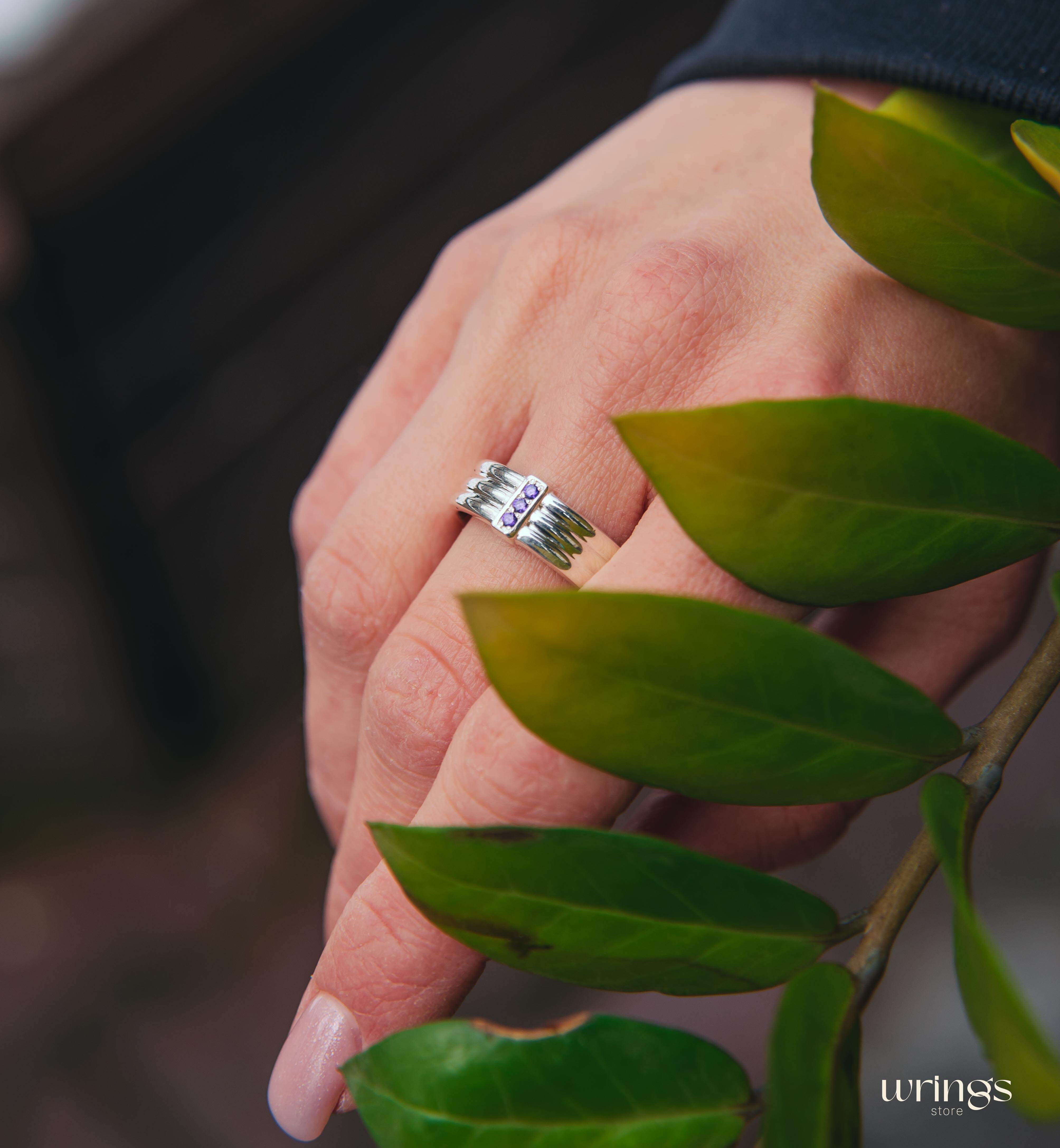 Three Amethysts Straight Triple Ring in Sterling Silver