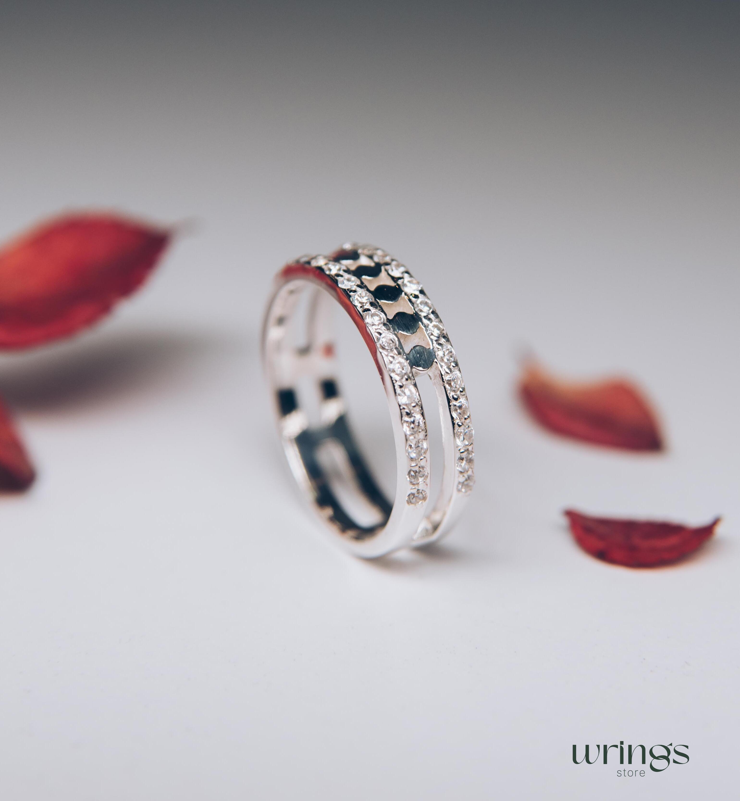 Open Wedding Band Silver Multi Stone CZ & Dot Design