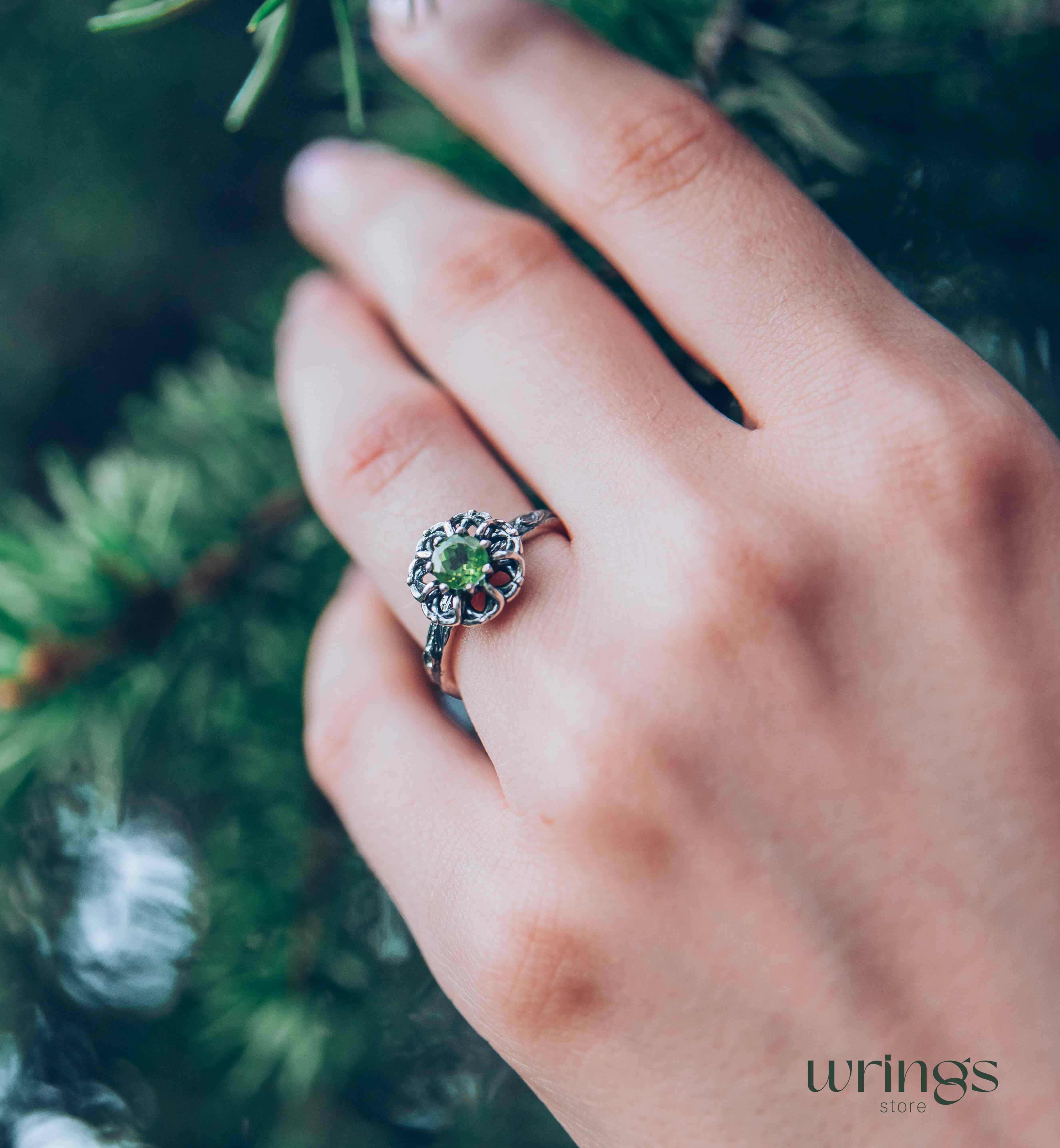 Silver Branch and Peridot Flower Engagement Ring for Women