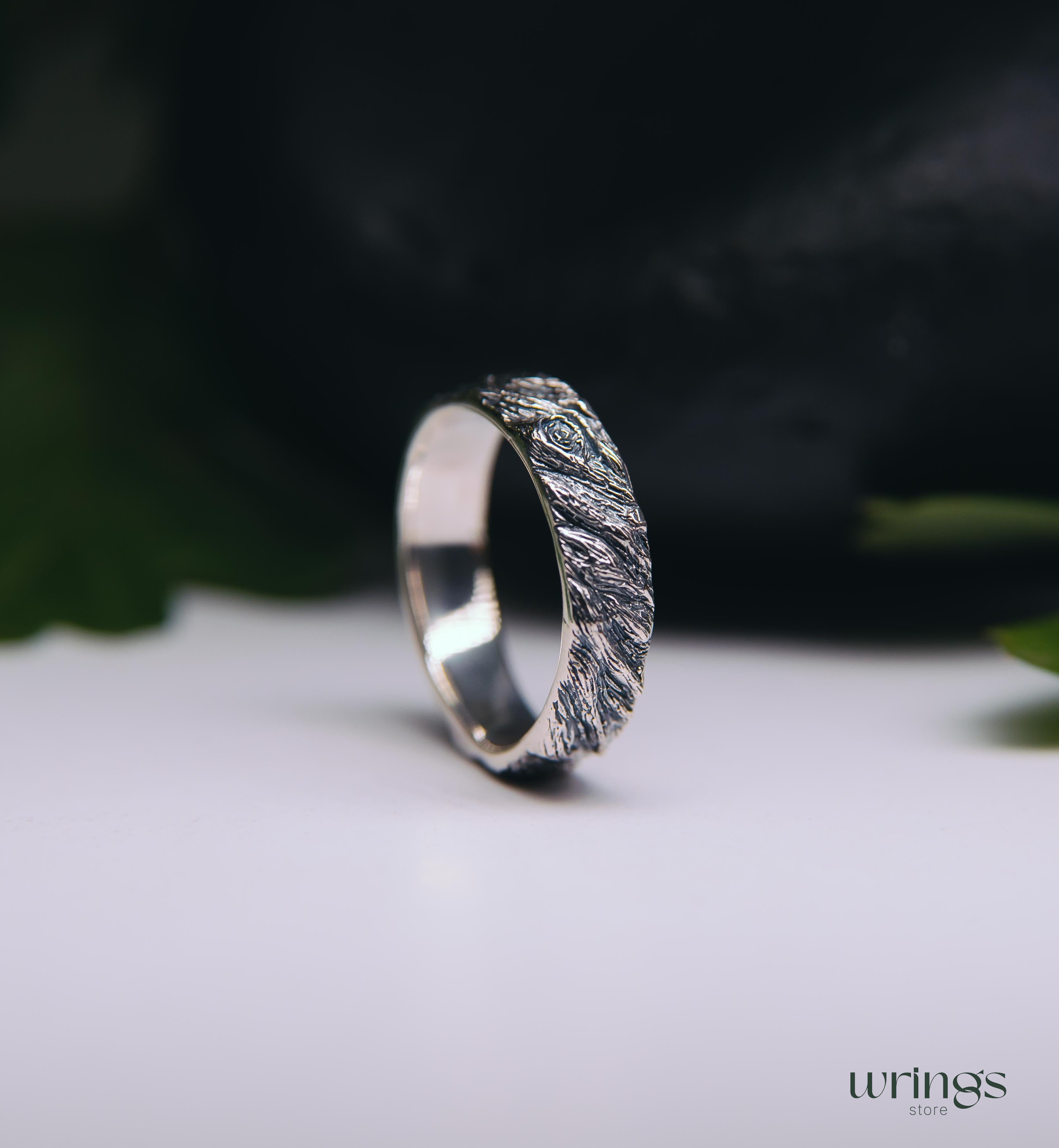 Oxidized Silver Tree bark Men's Large Wedding Band