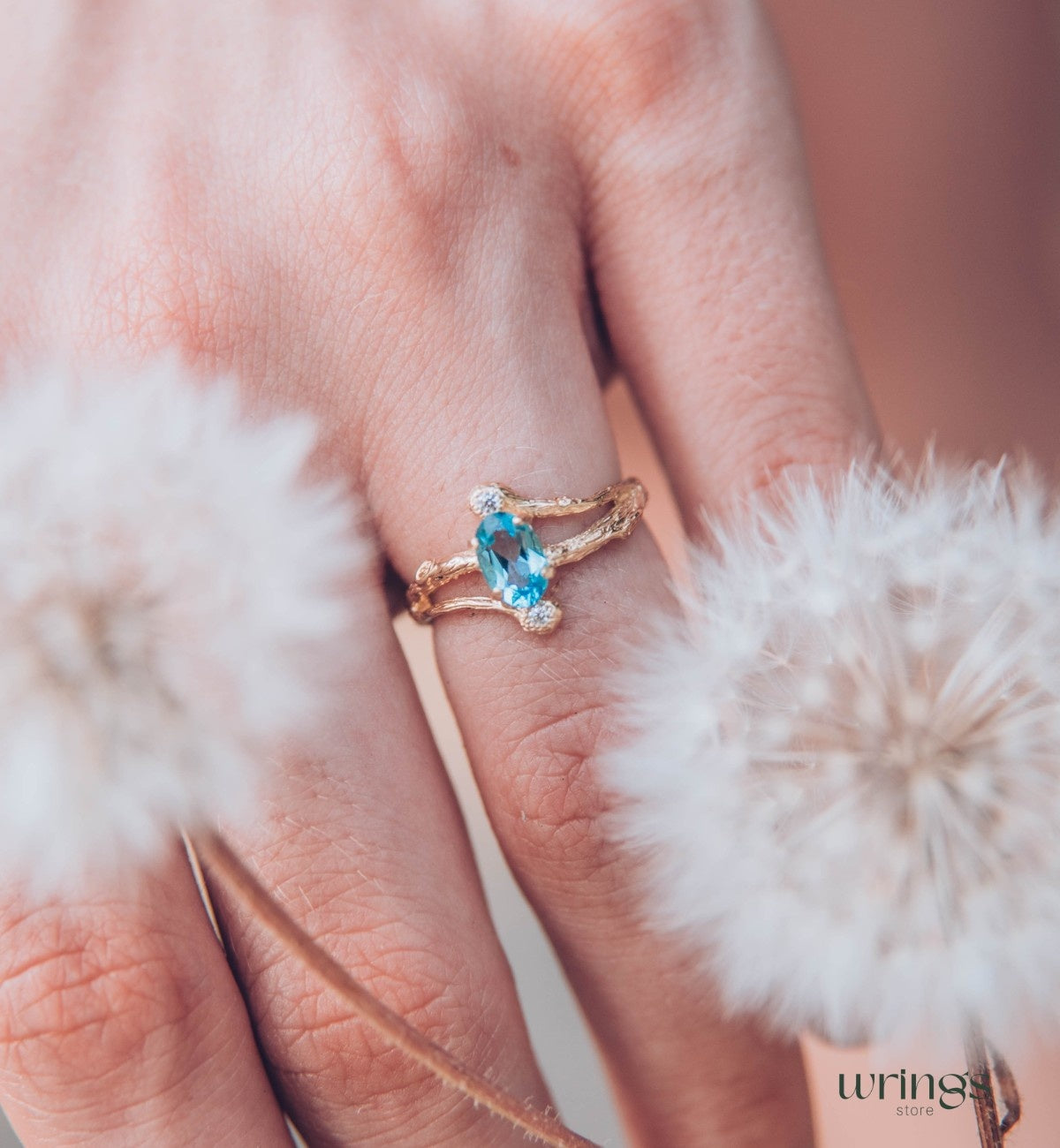 Split Branch Three Stone Topaz Engagement Ring 14k Gold