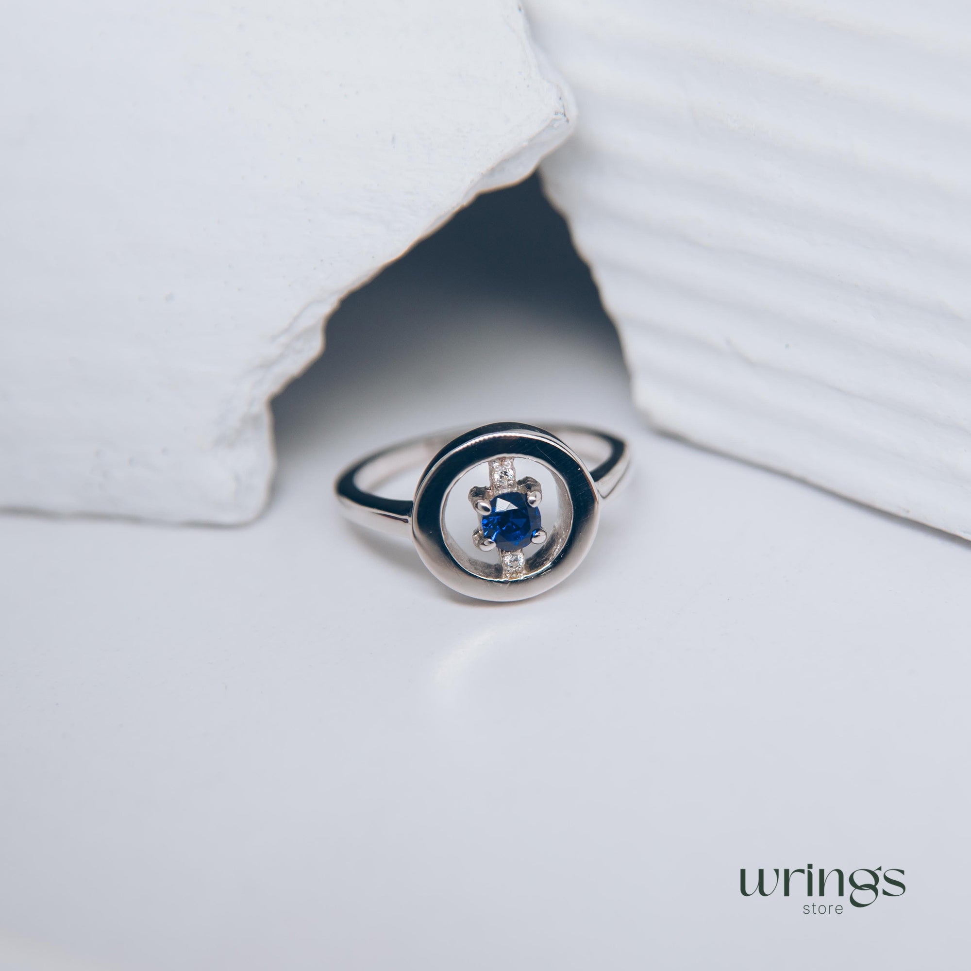 Blue Sapphire & CZ Silver Round Open Engagement Ring