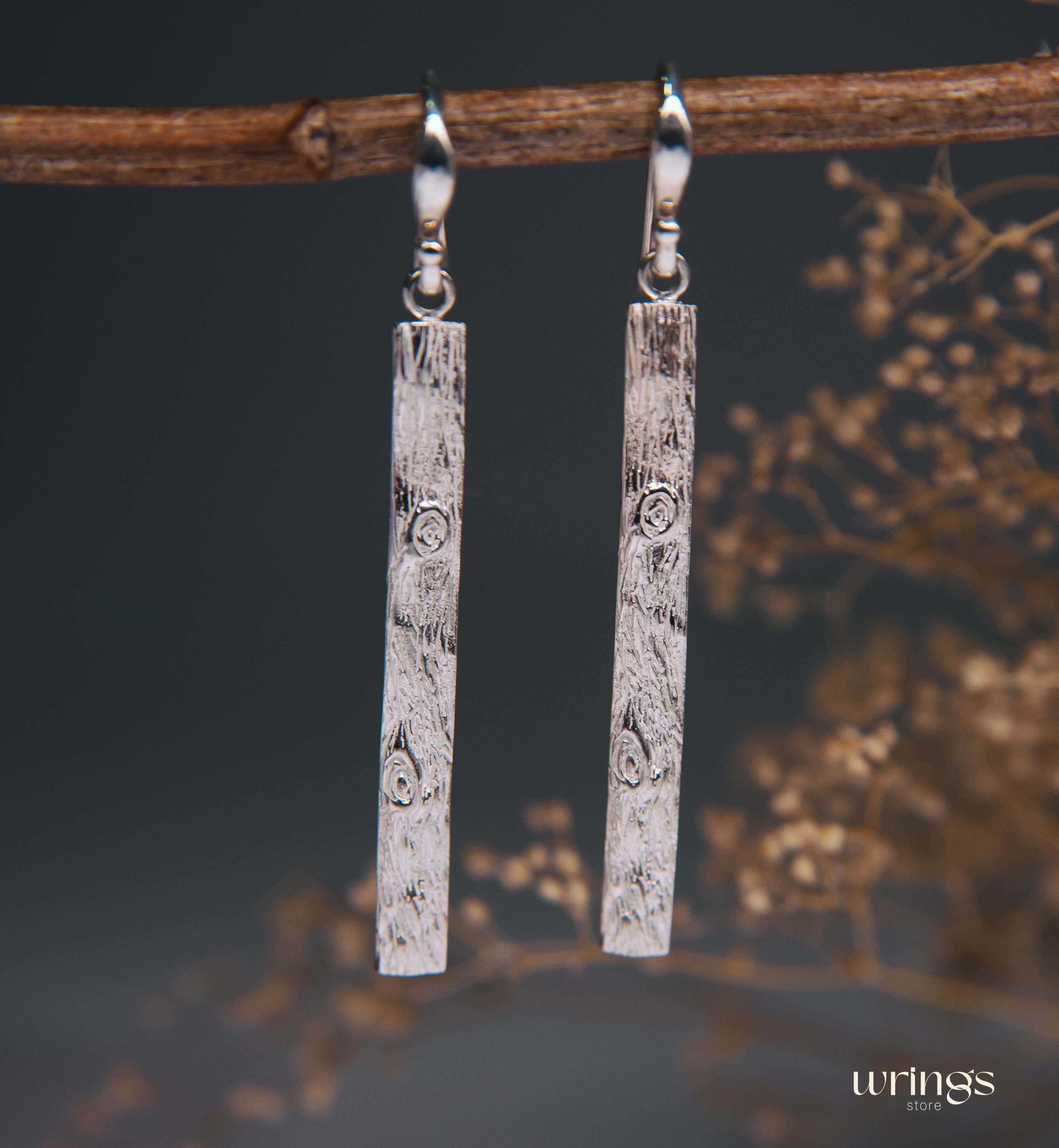 Long Tree Bark Drop Earrings Silver Rustic Naturalist