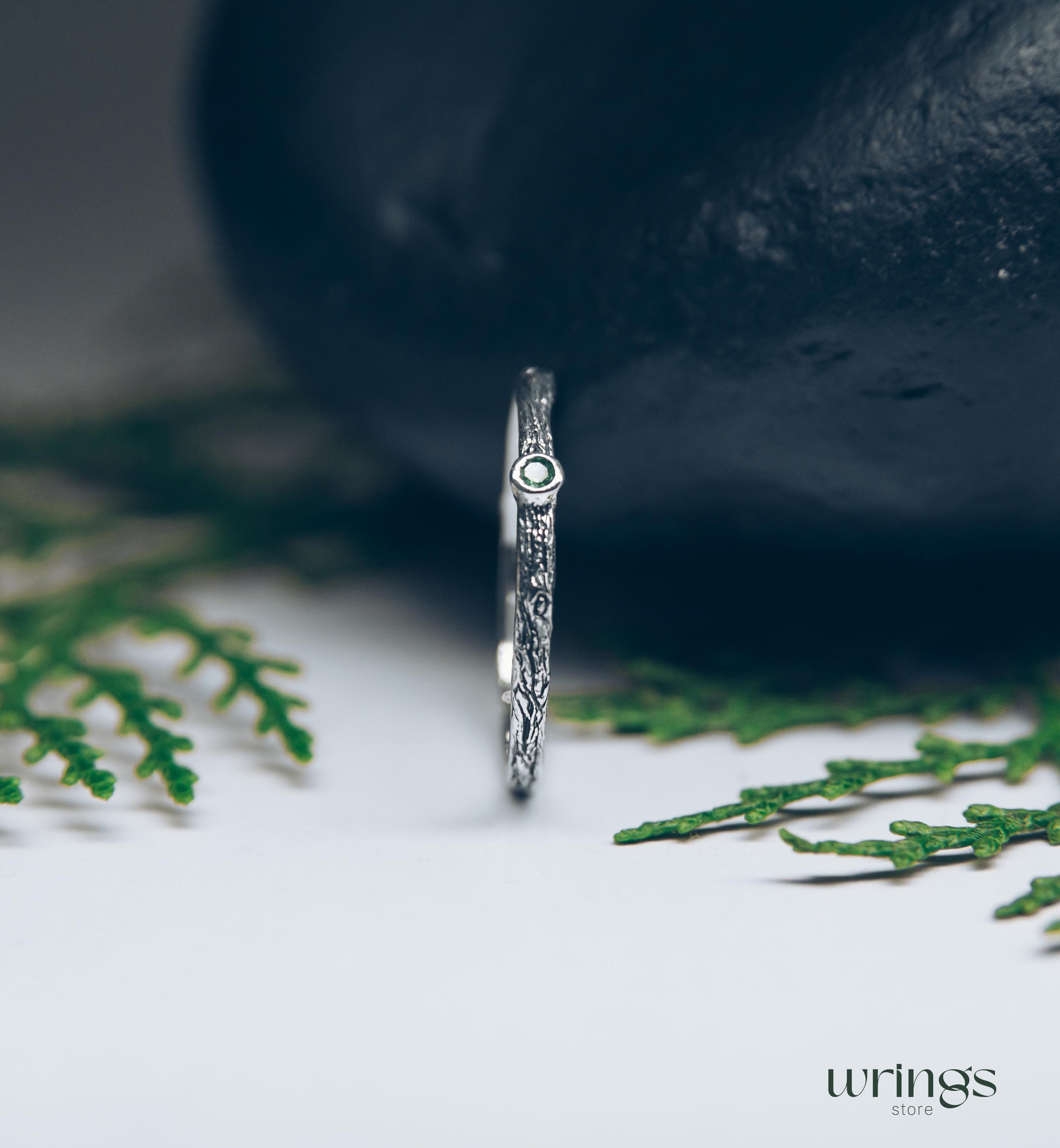 Extra Tiny Silver Branch Wedding Band with Emerald