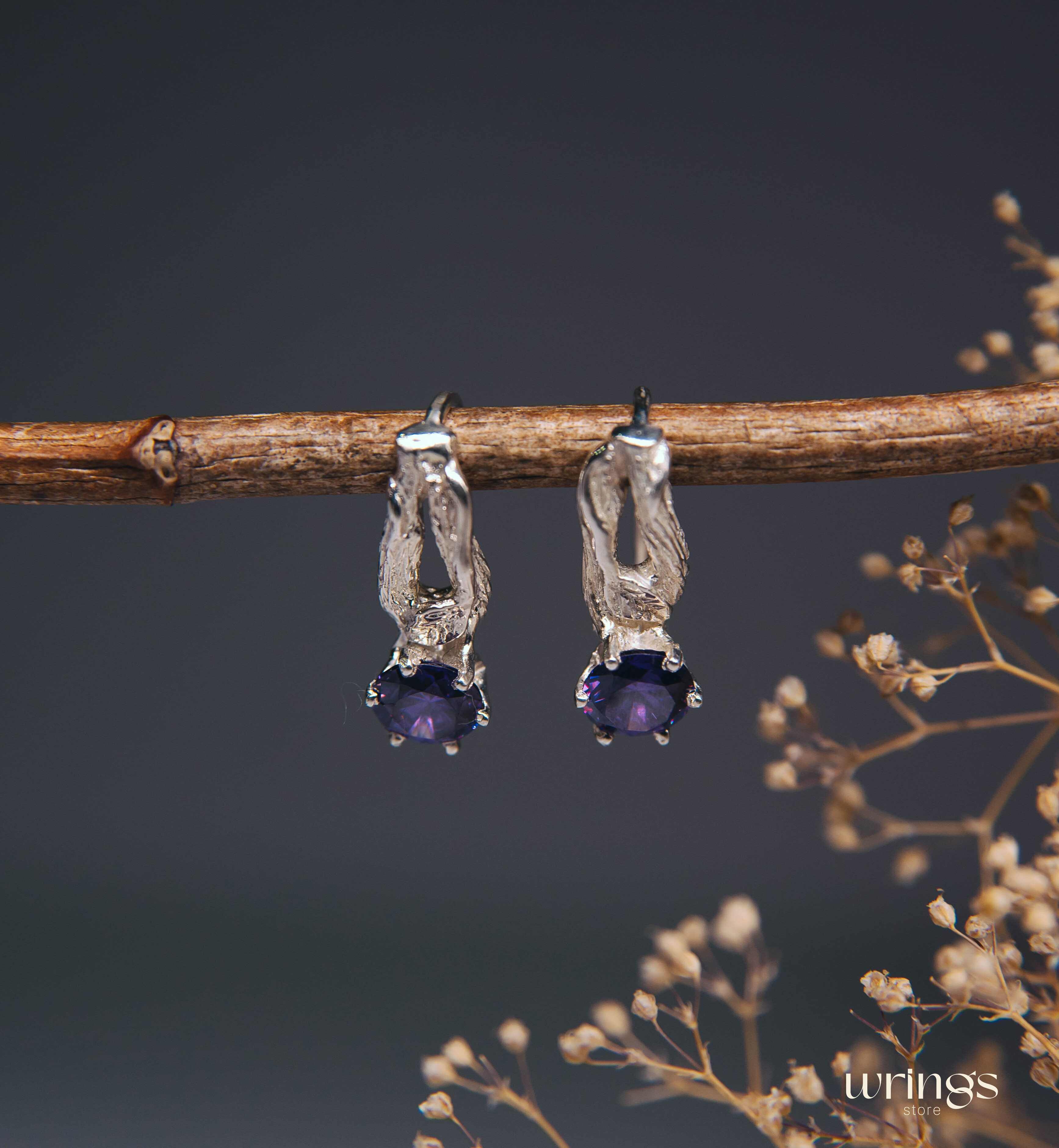 Amethyst Earrings Nature inspired Branch & Leaf Silver