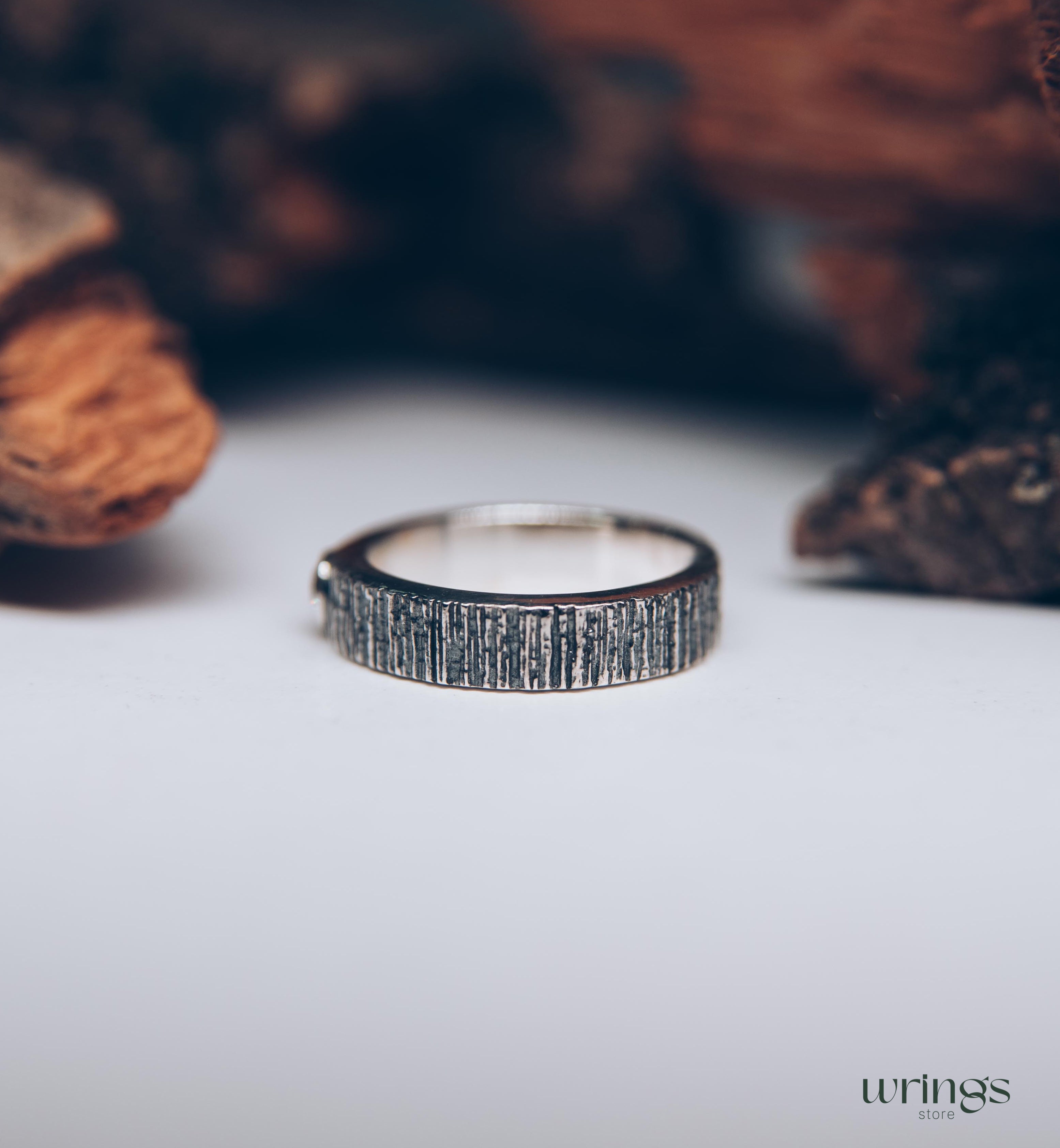 Bezel Diamond and Tree Bark Textured Silver Wedding Ring