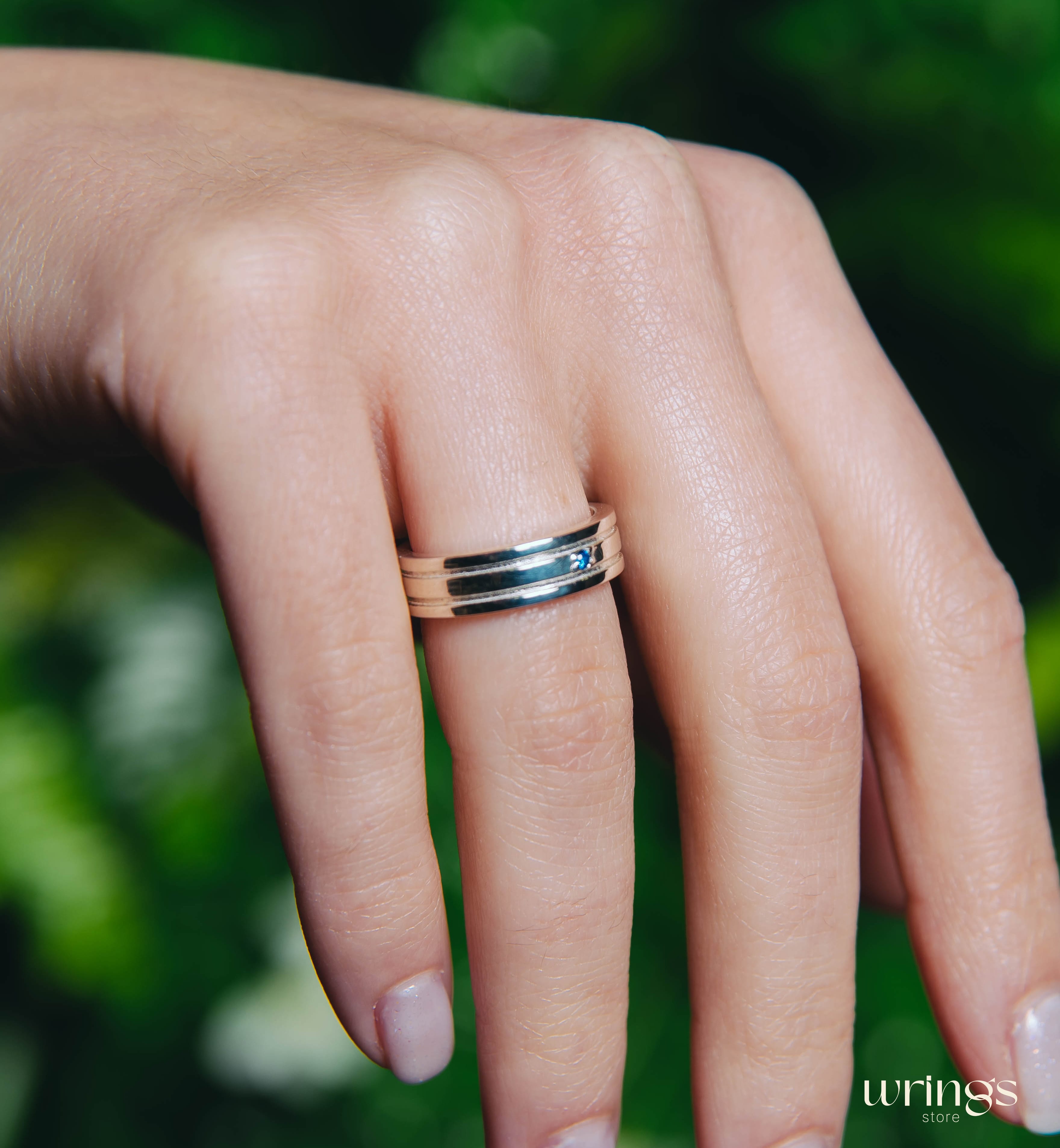 Womens Engraved Silver Wedding Band with Sapphire