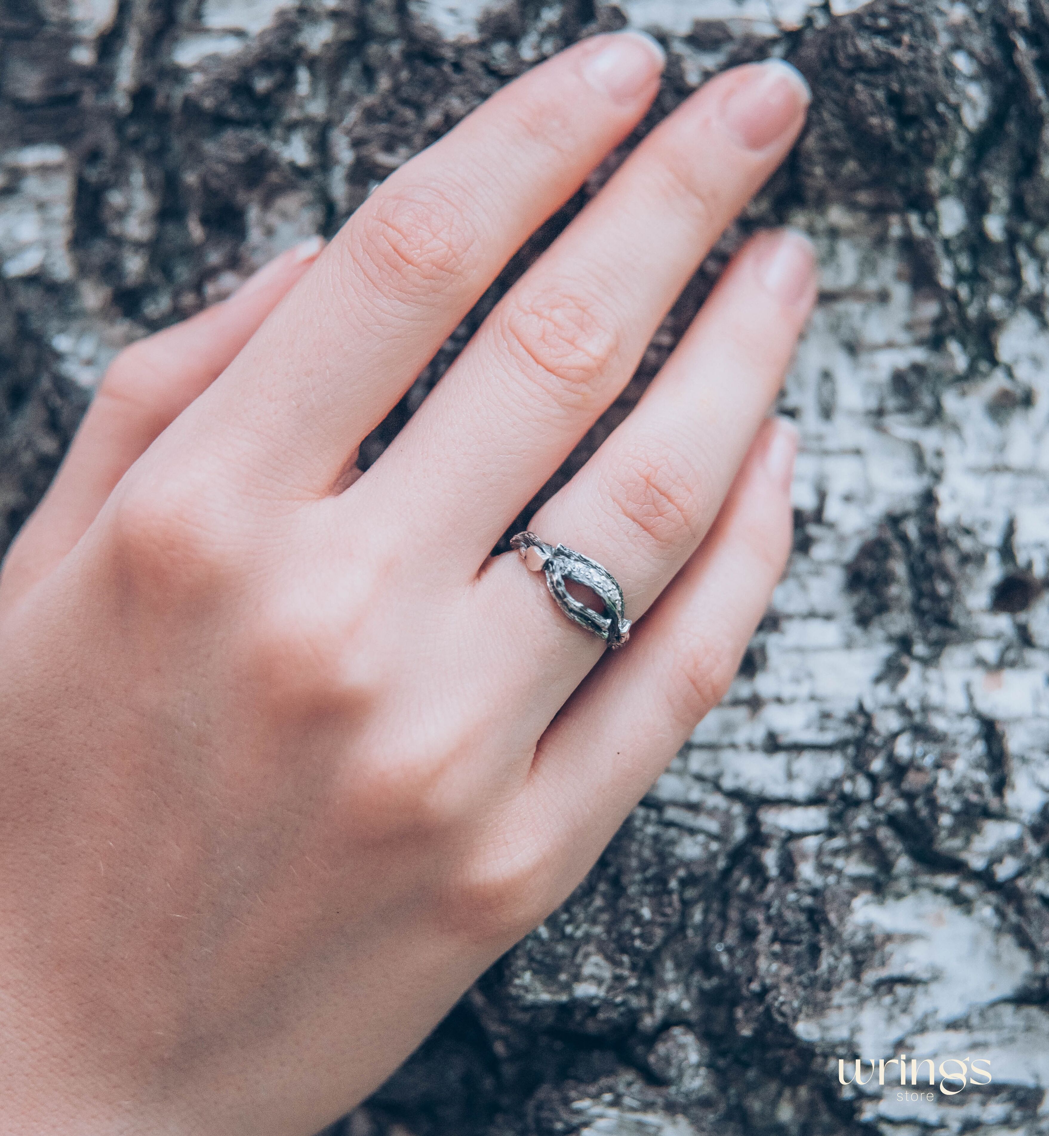 Stones on a Dainty Split Silver Branch & Leaves Cute Ring