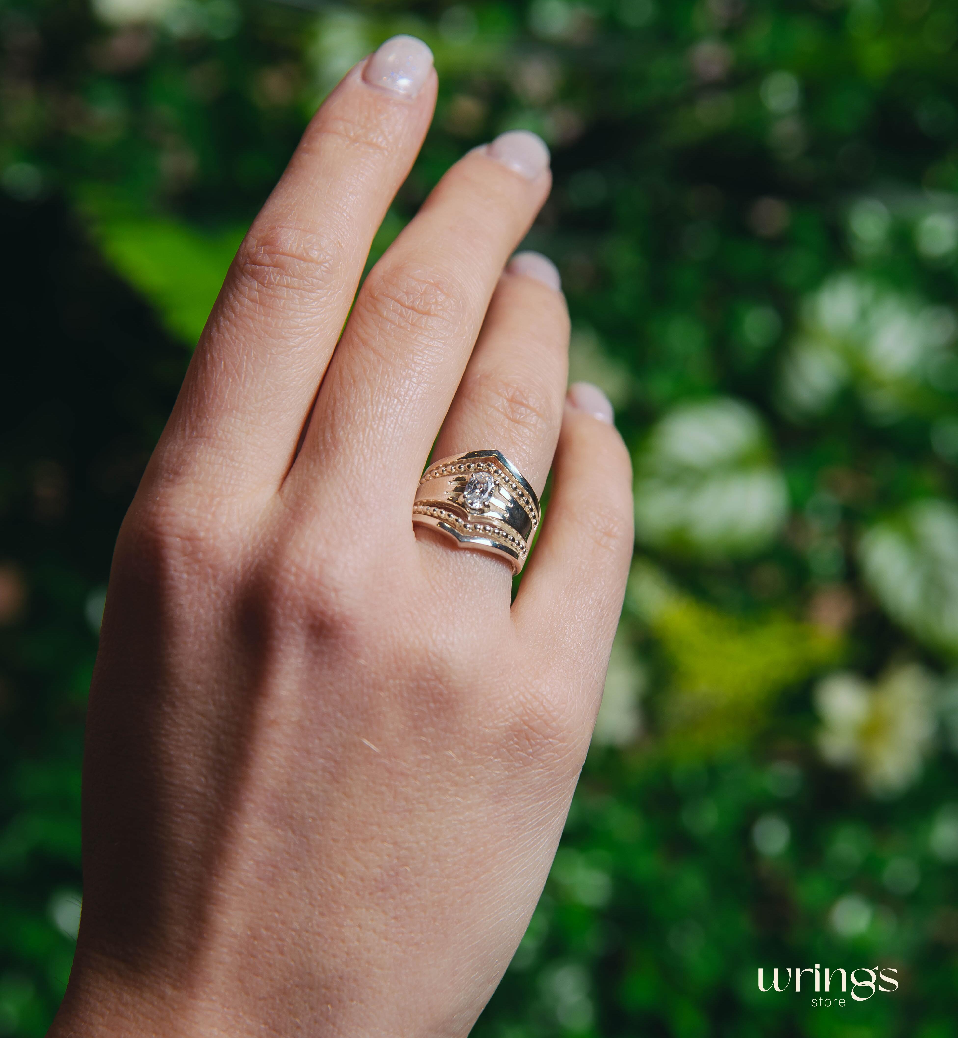 Extra Wide Beaded Chevron Cocktail Ring White Stone