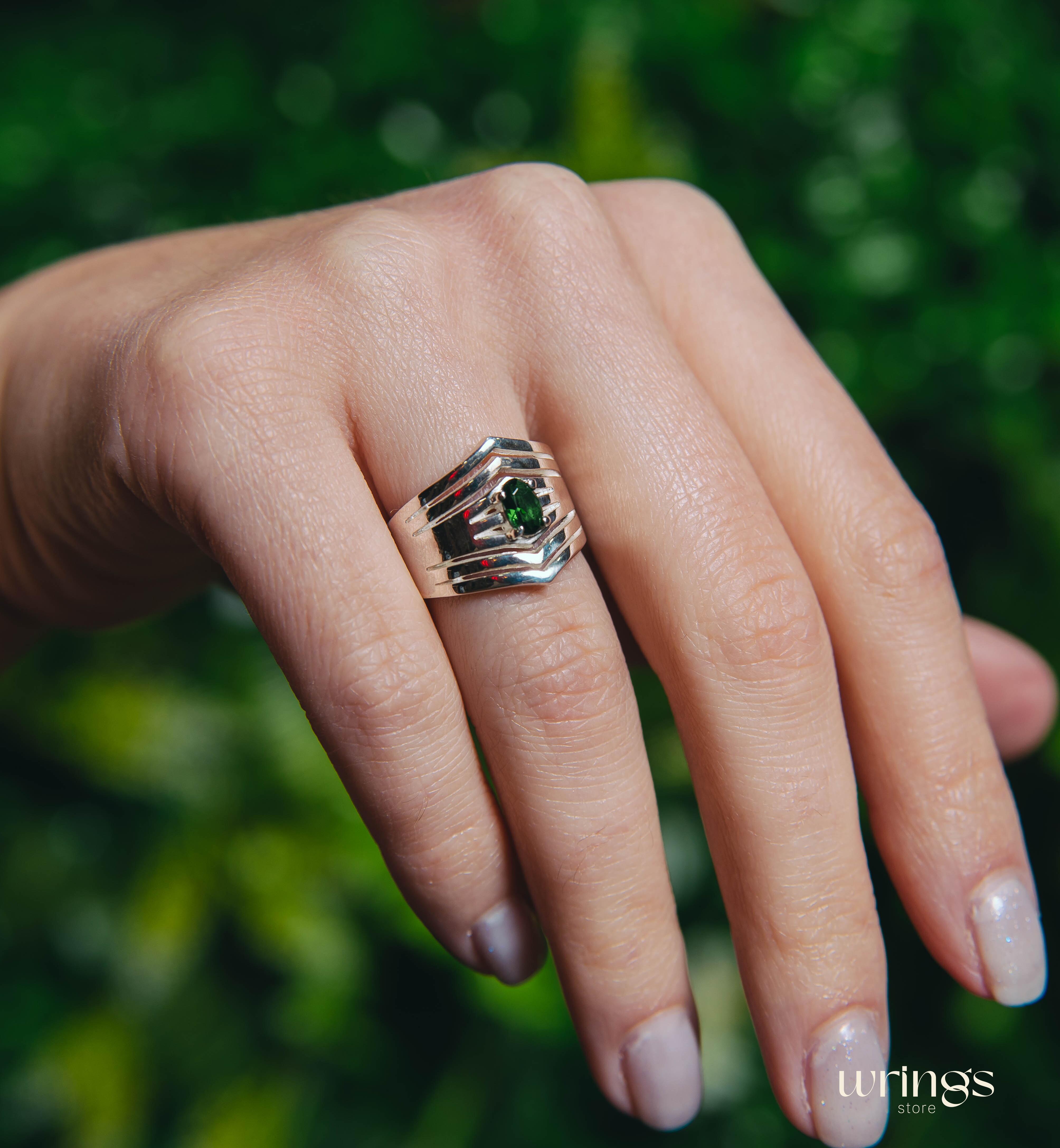 Wide Double Chevron Silver Band with LG Emerald