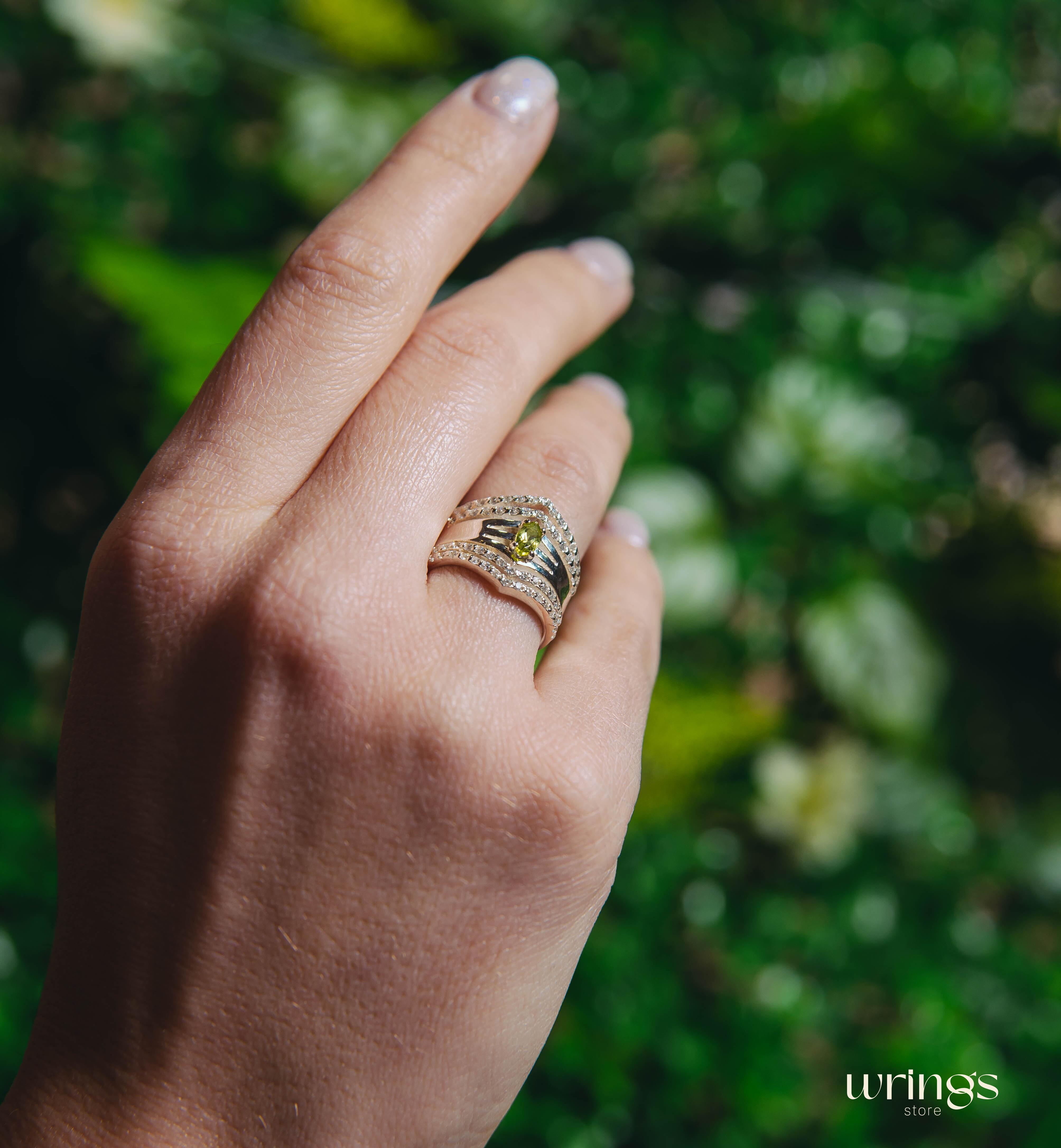 Wide Double Chevron Statement Ring Peridot & Diamonds
