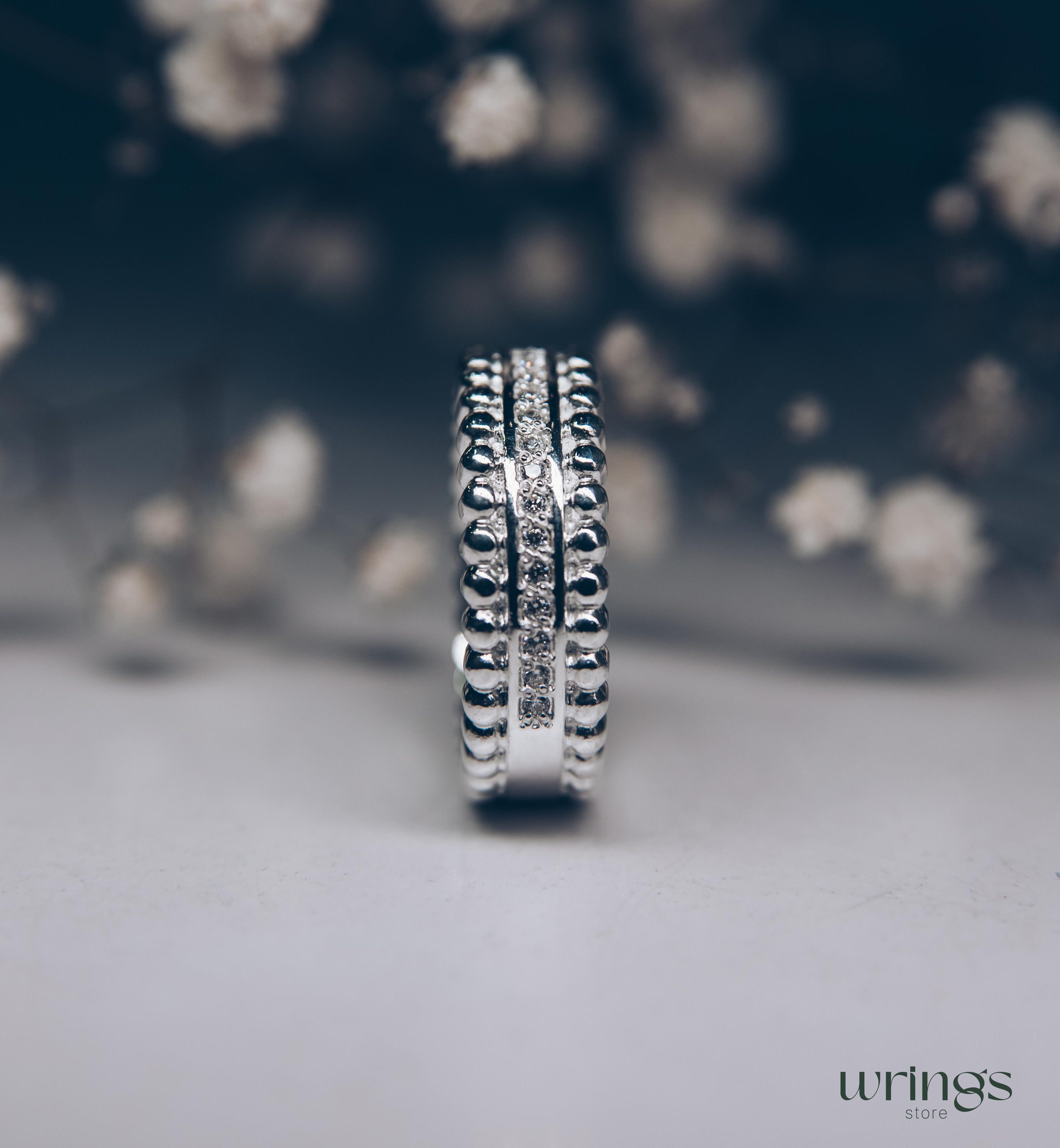 Unique Beaded Silver Half Eternity Band with Diamonds