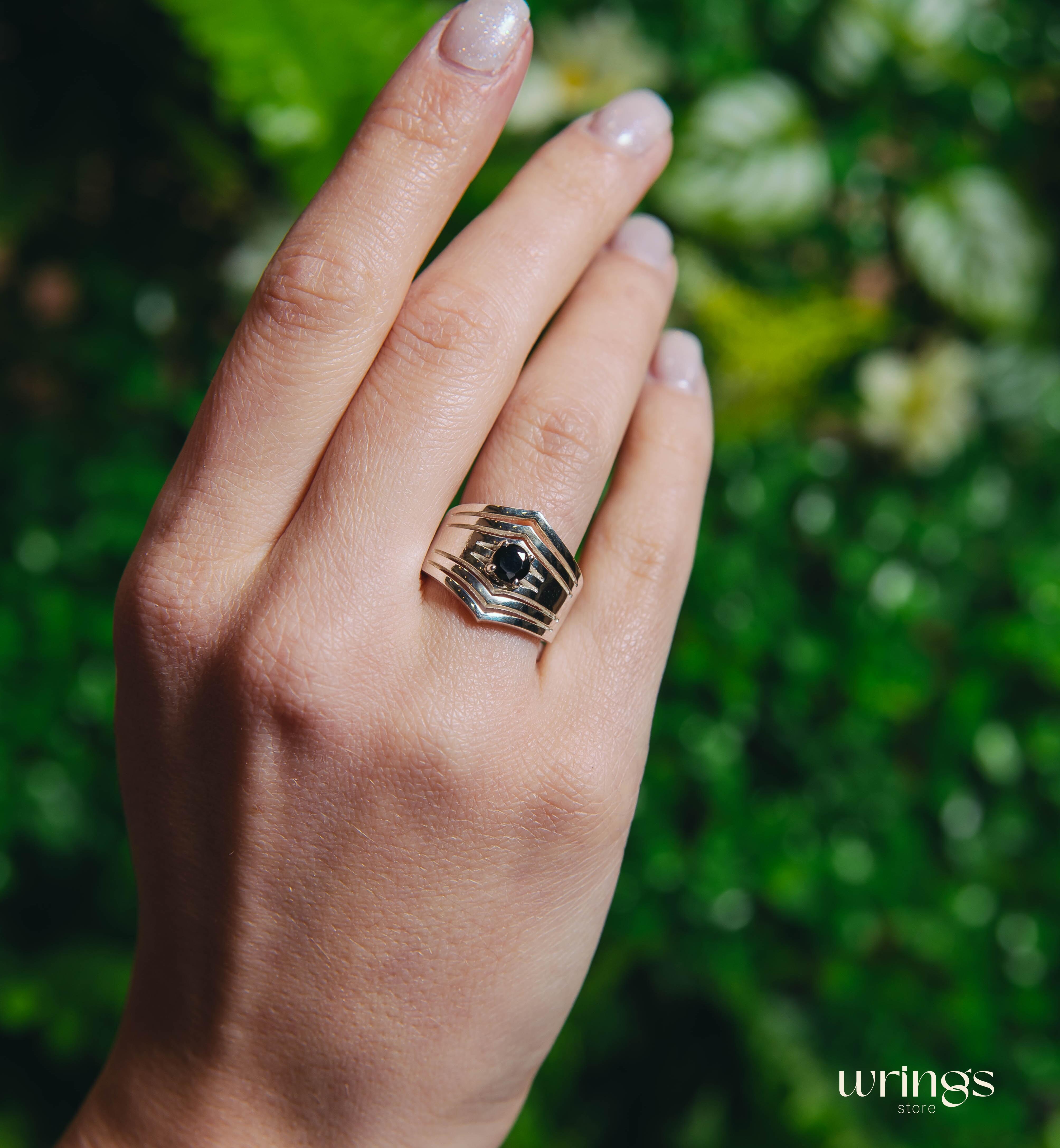 Extra Wide Silver Chevron Band Simulated Black Diamond