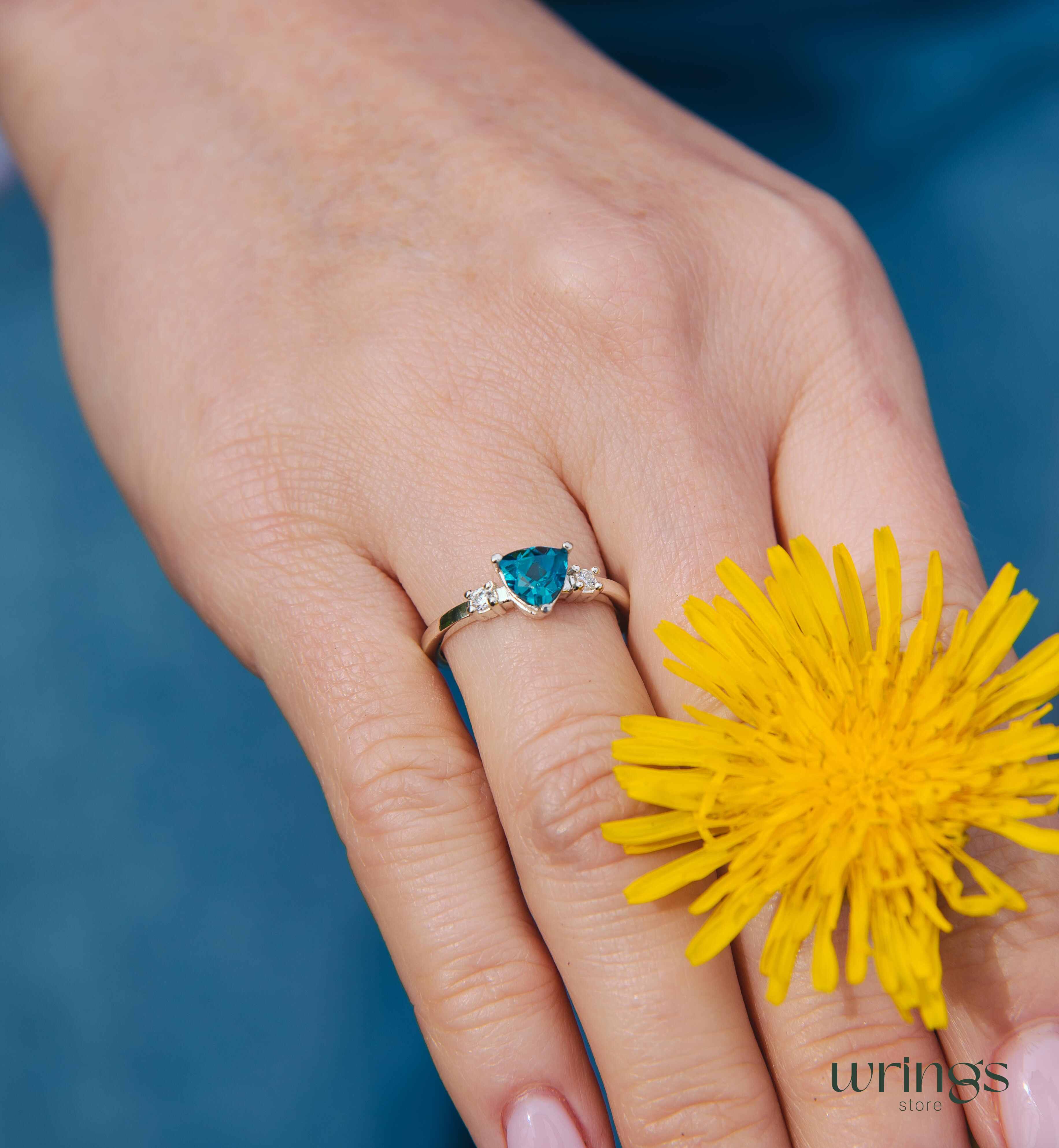 Large Trillion Blue Topaz Three Stone Engagement Ring