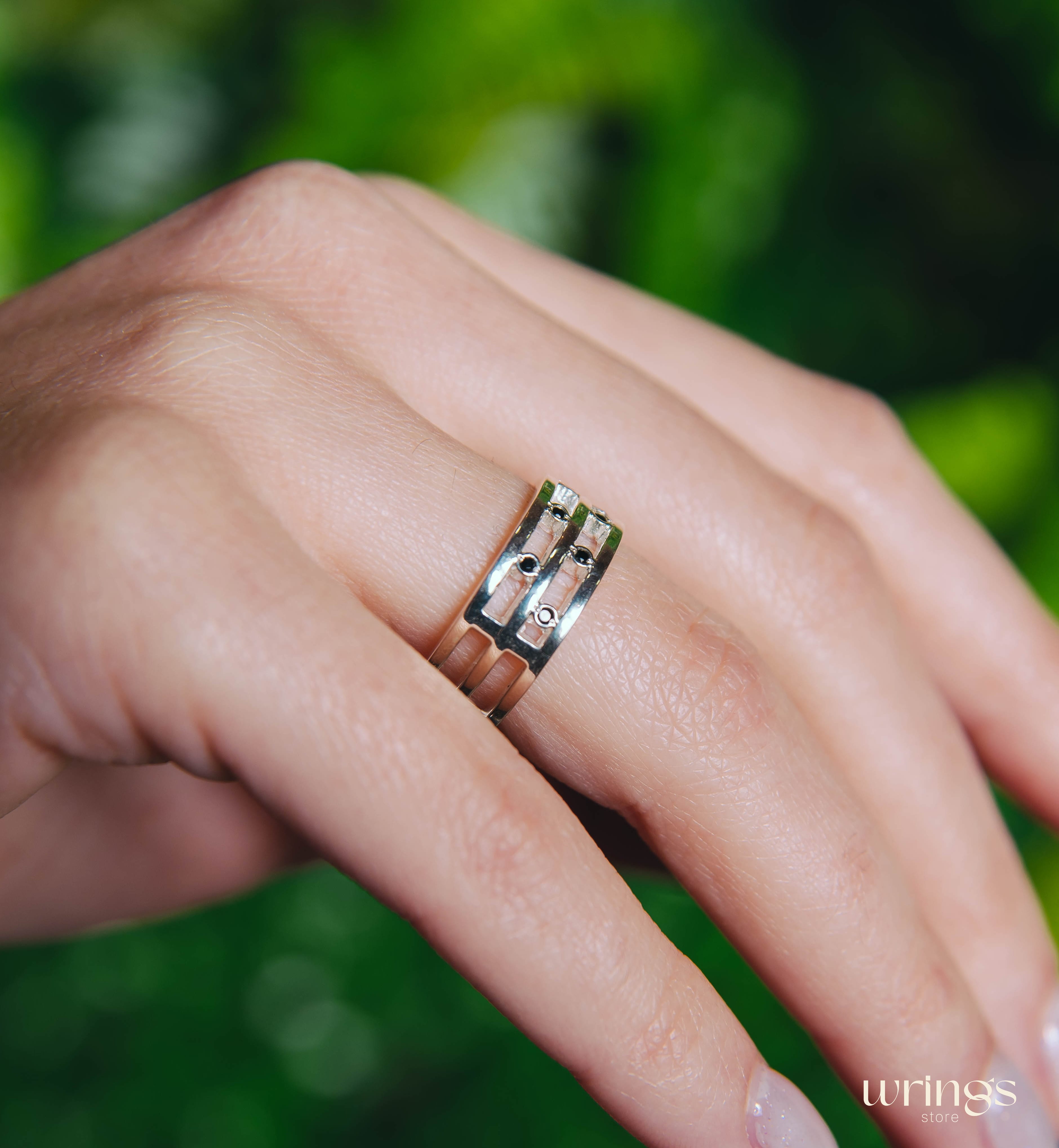 Stylish Black Diamond Band for Women Open Design Silver