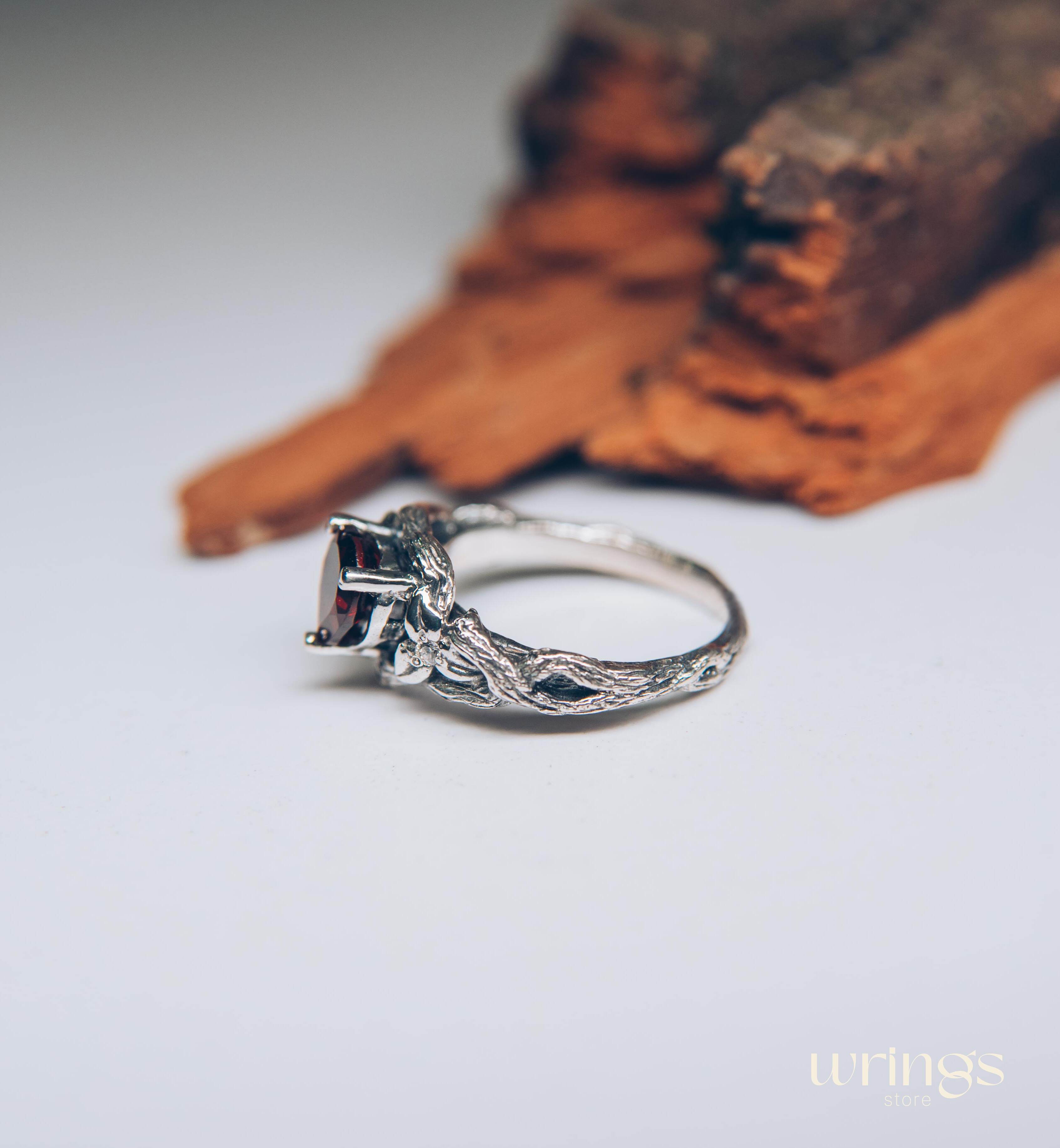 Heart Shaped Garnet Branch Engagement Ring with Leaves