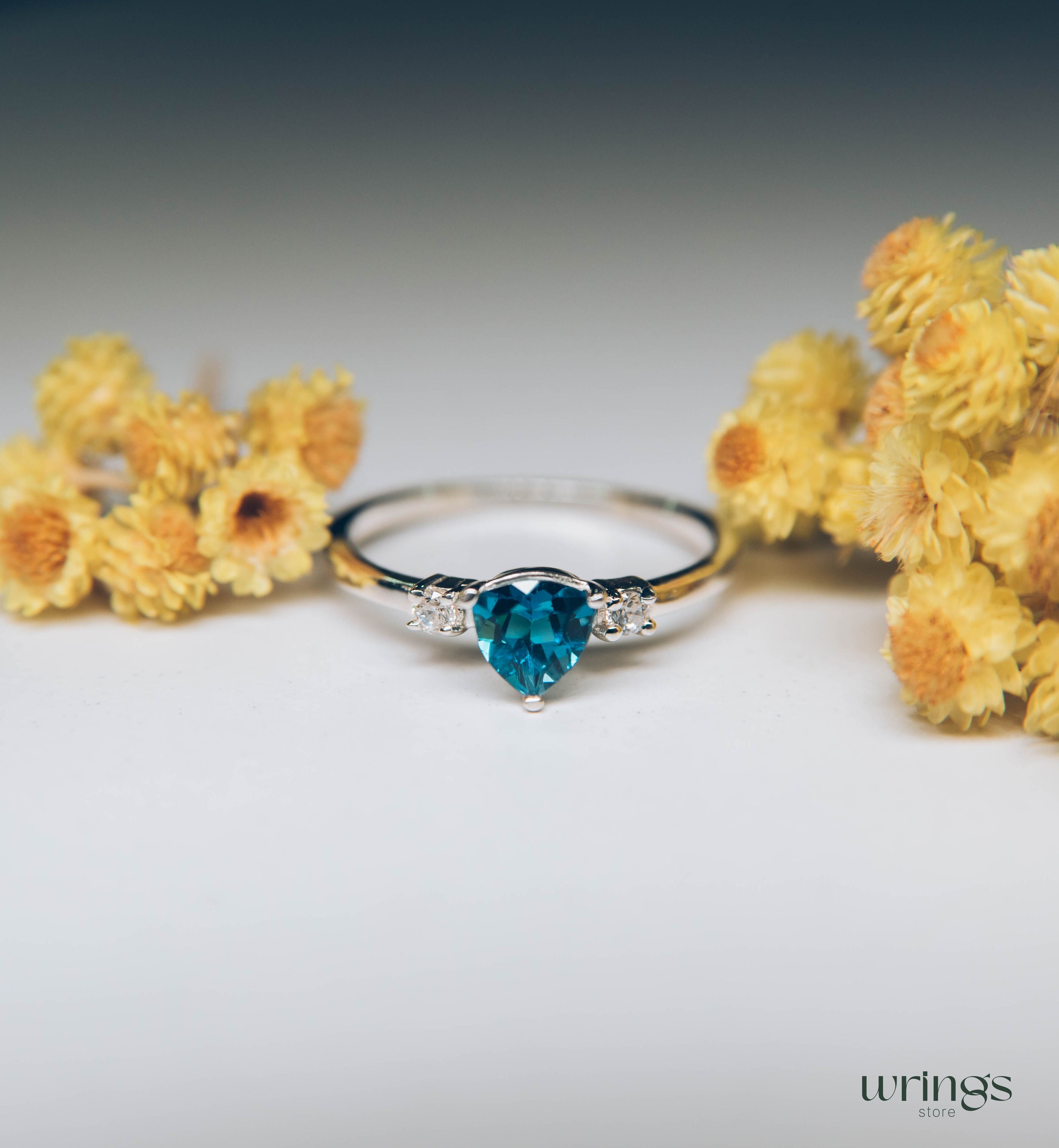 Shiny Trillion Topaz Silver 3 Stone Engagement Ring