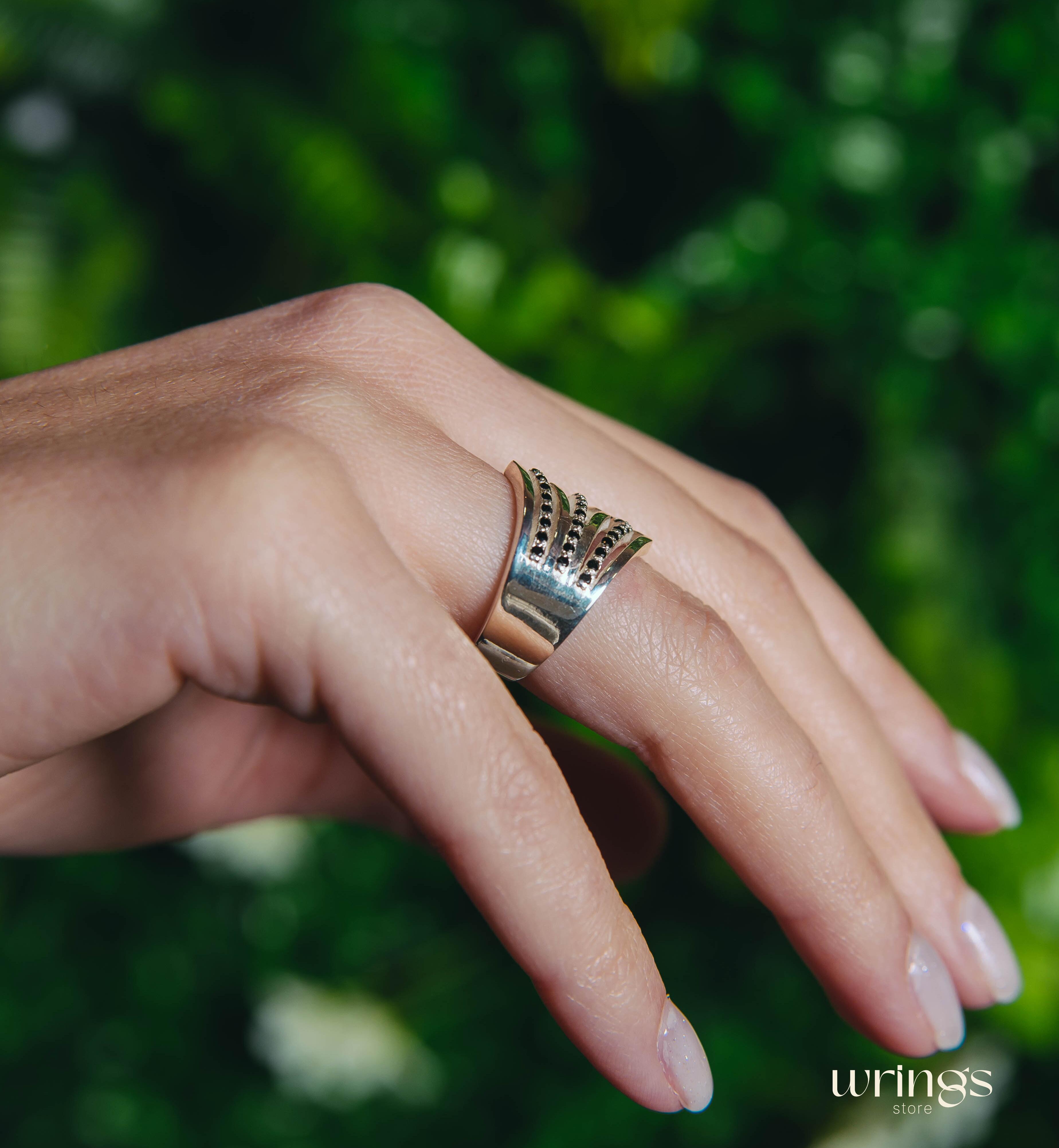 Extra Wide Silver Dome Ring Double Chevron Black Stones