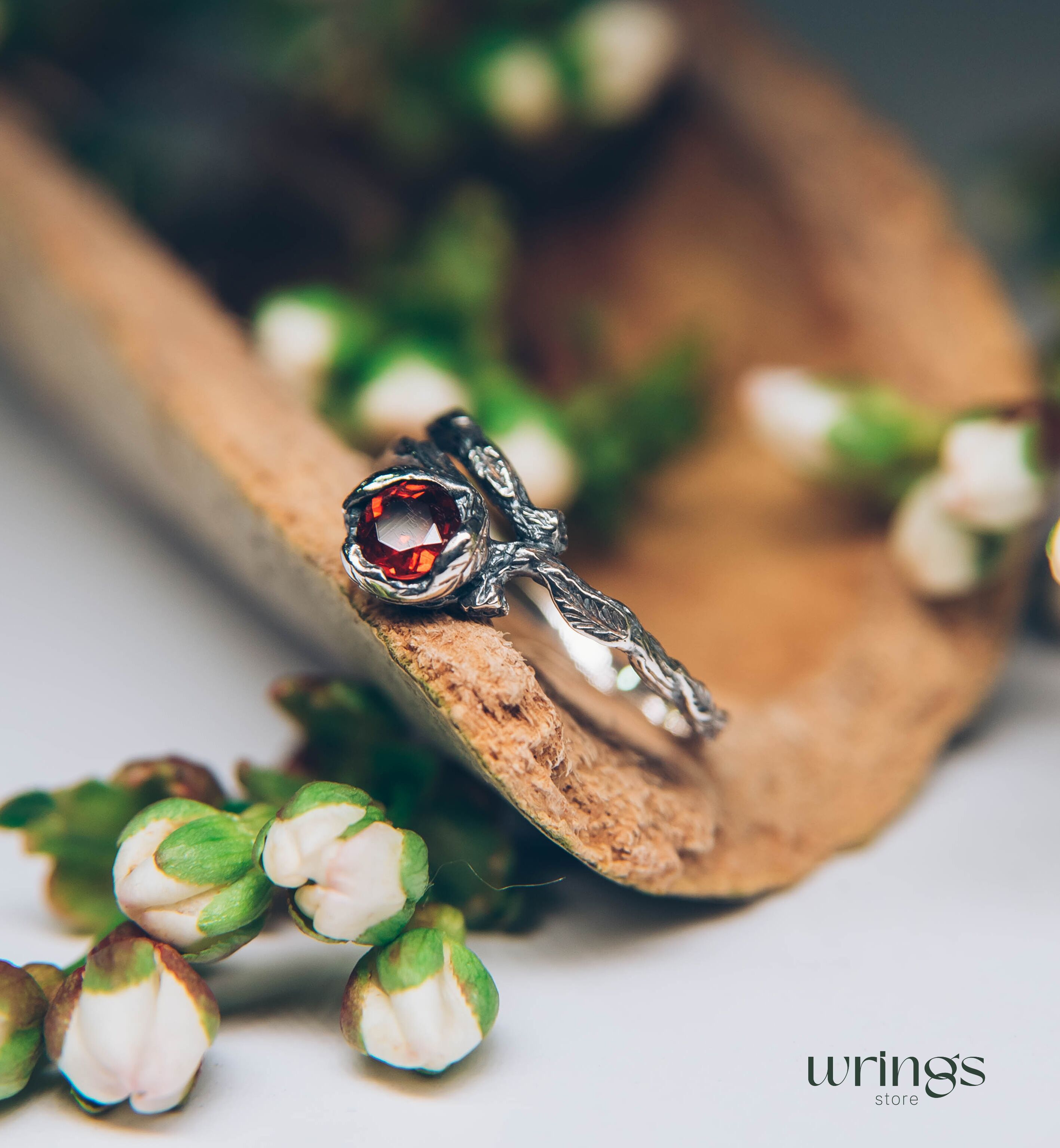 Unusual Branch and Leaves Silver Garnet Engagement Ring