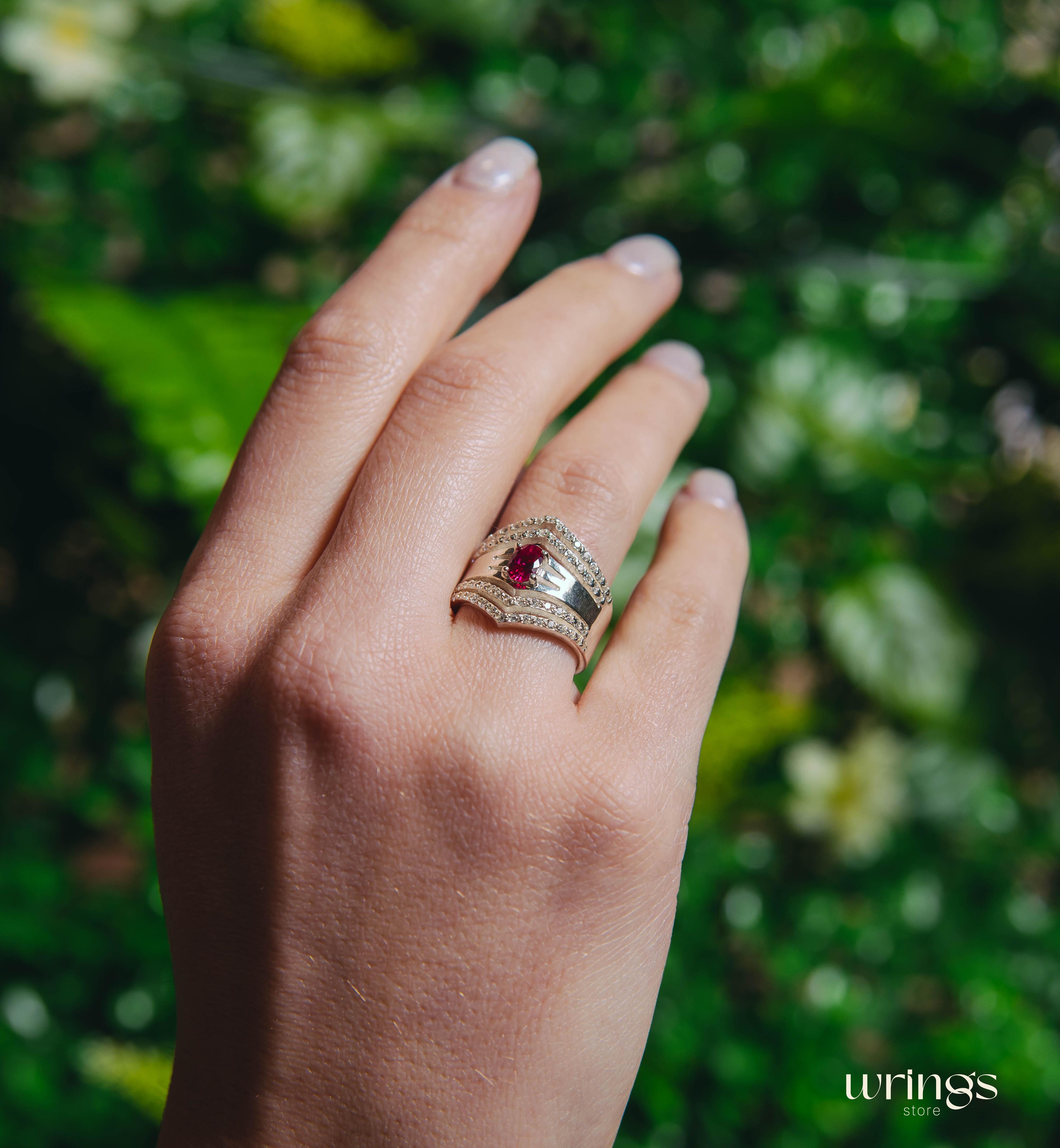 Extra Wide Silver Chevron Band Oval Ruby & Faux Diamonds