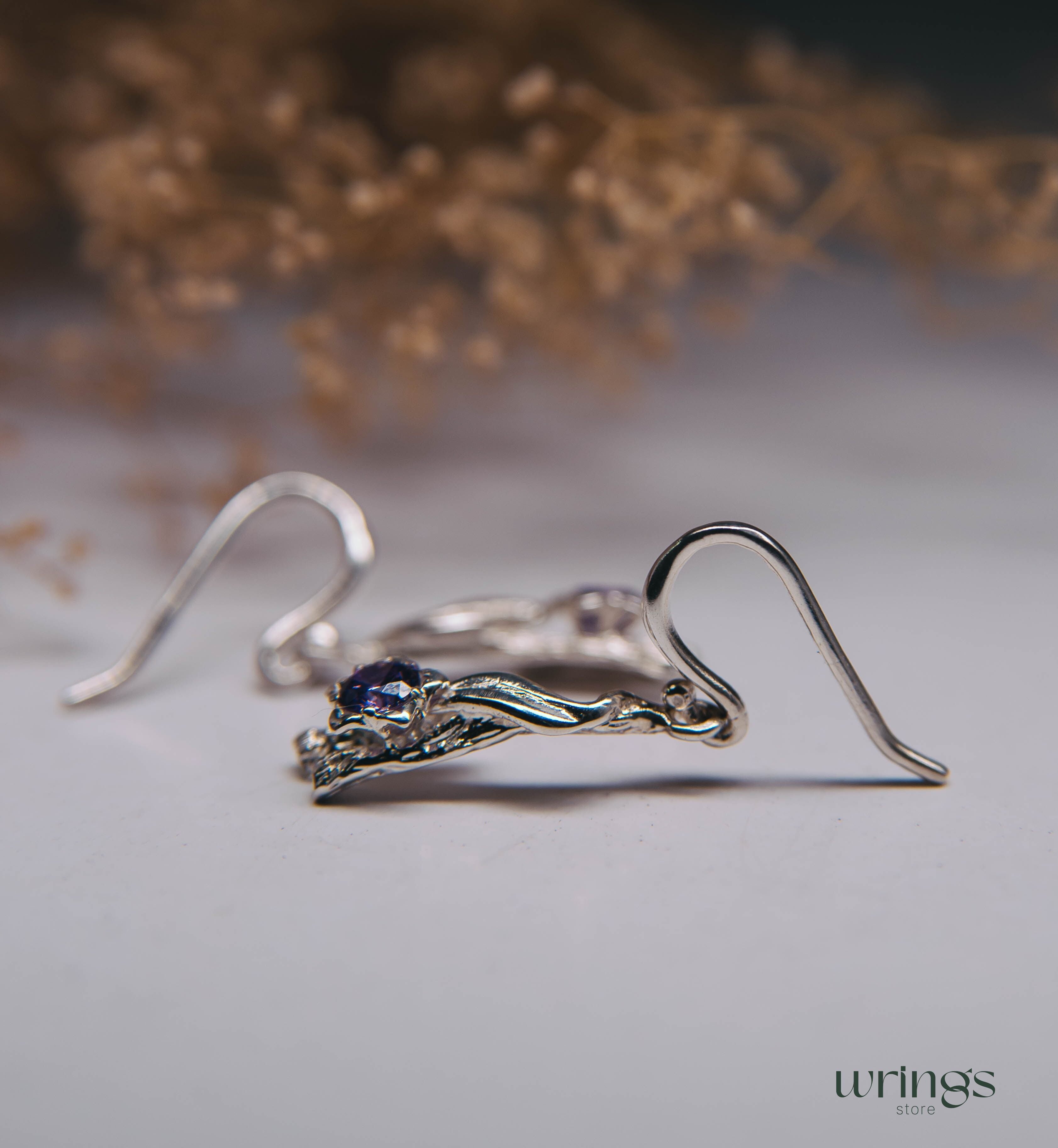Amethyst Nature Earrings Flower Leaf and Branch Silver