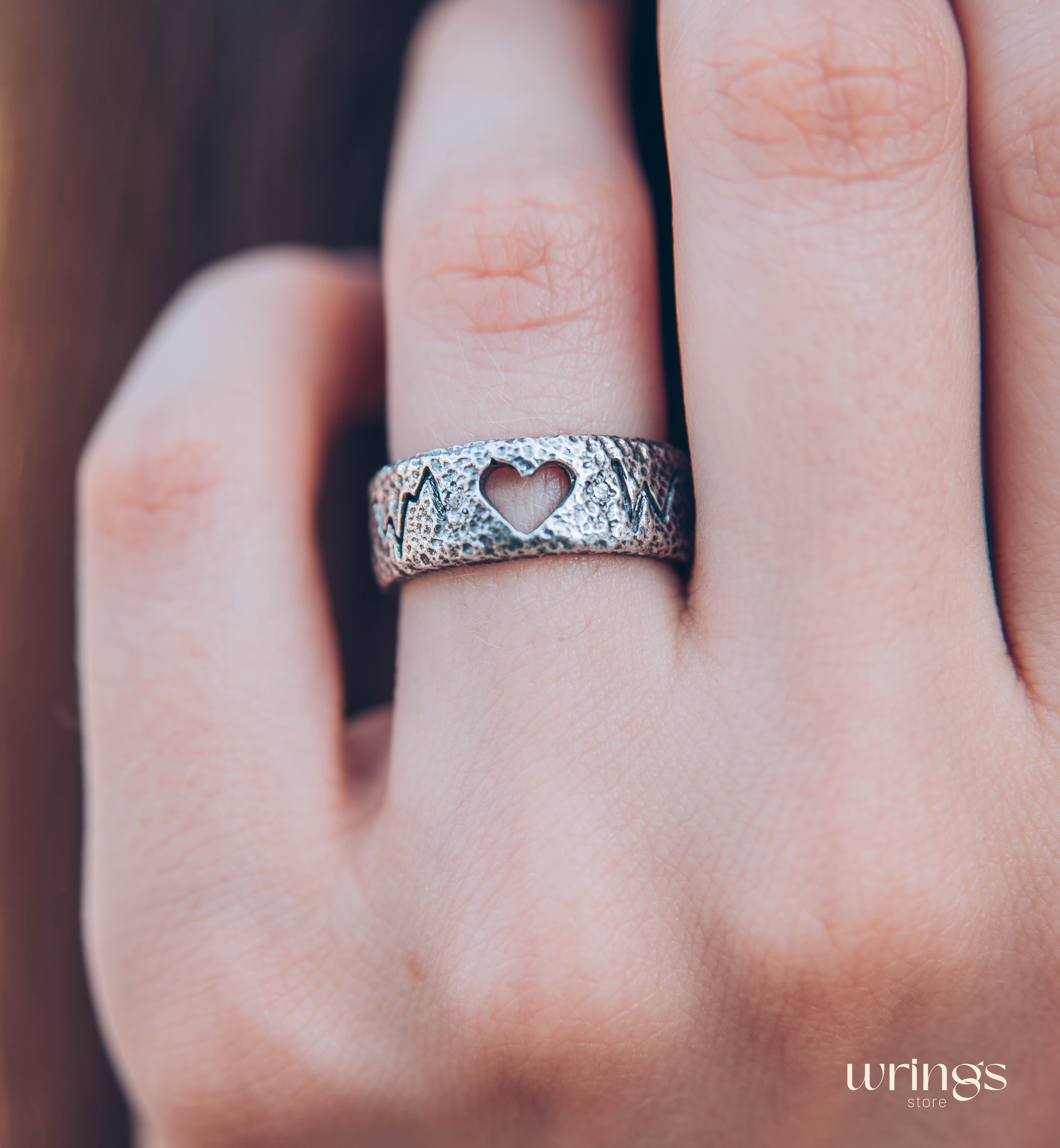 Open Heart Unique Silver Heartbeat Wedding Band