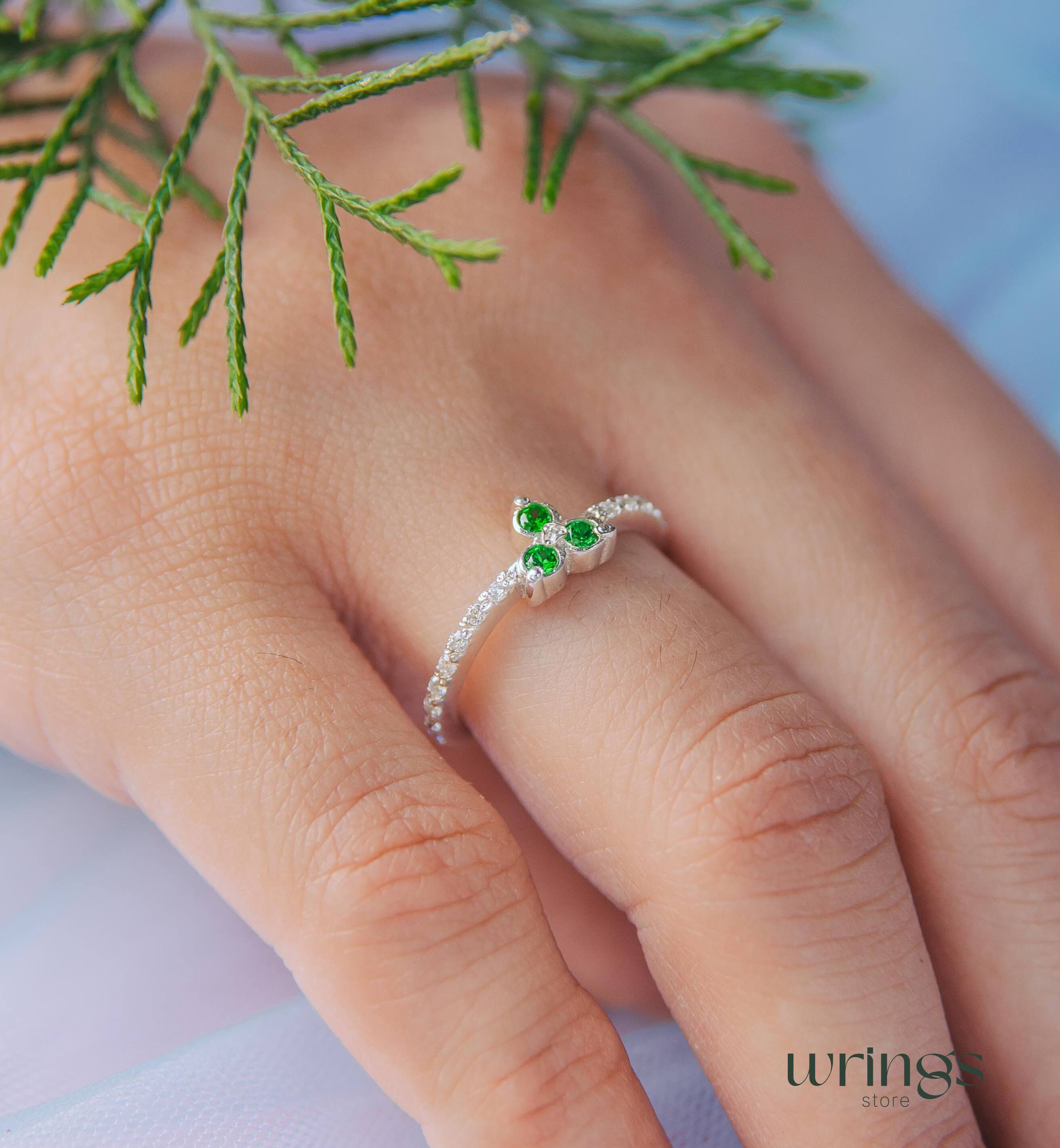 Natural Emerald Three Stone Wedding Ring with Sparkling CZ