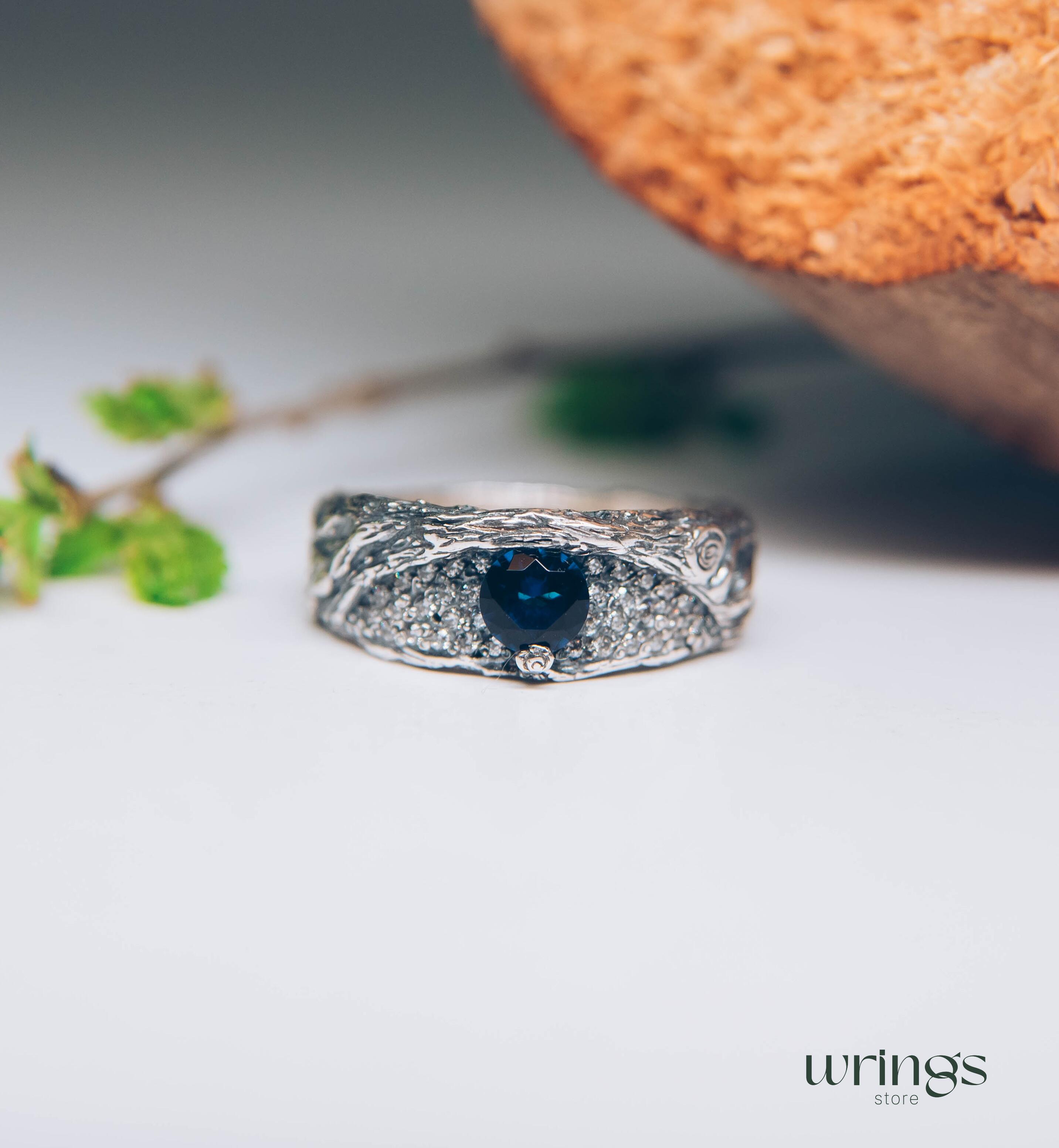 Chunky Silver Branch & Sapphire Ring adorned with CZ Accents