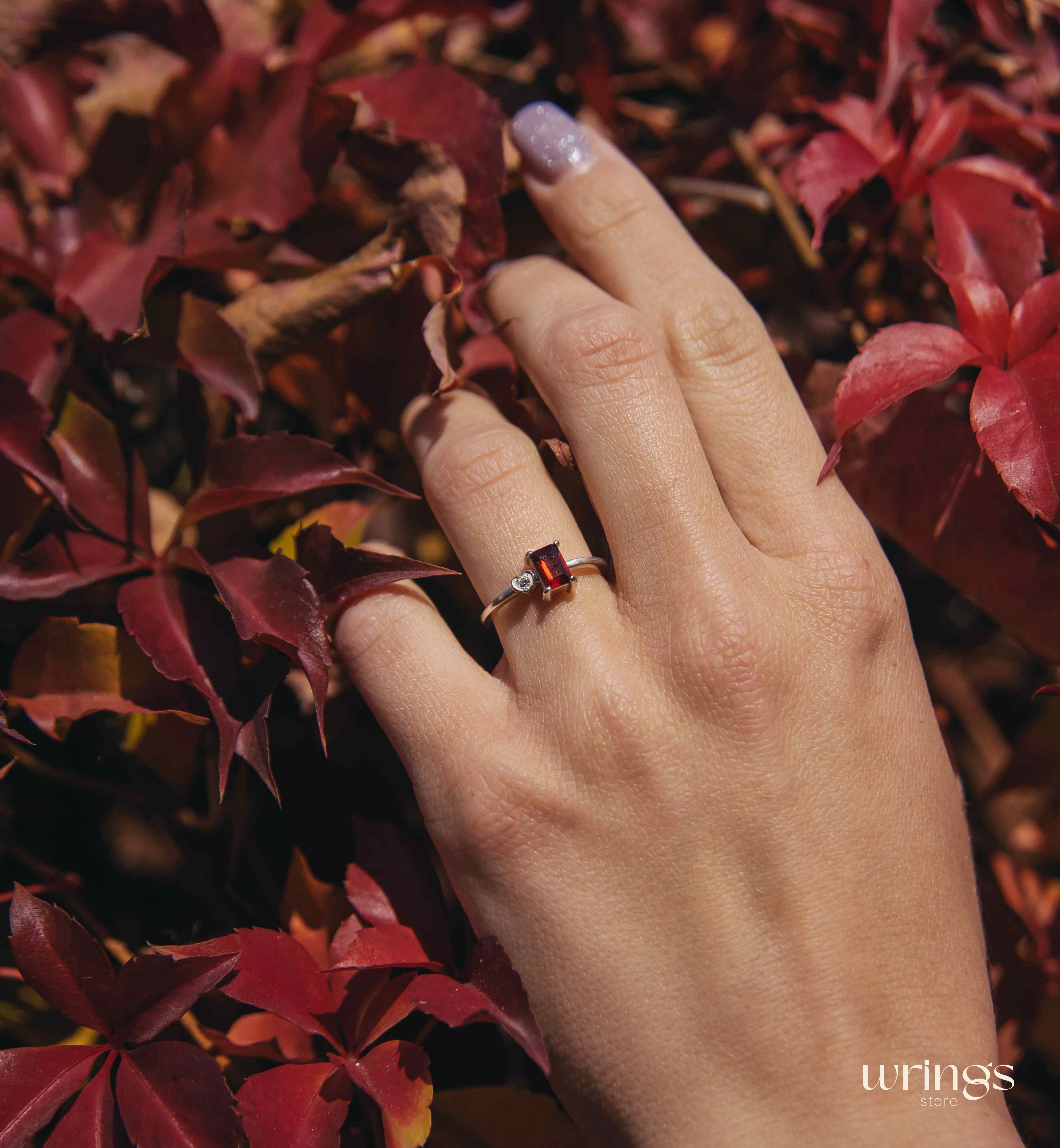 Silver Garnet Engagement Ring & Side Stone CZ in Heart
