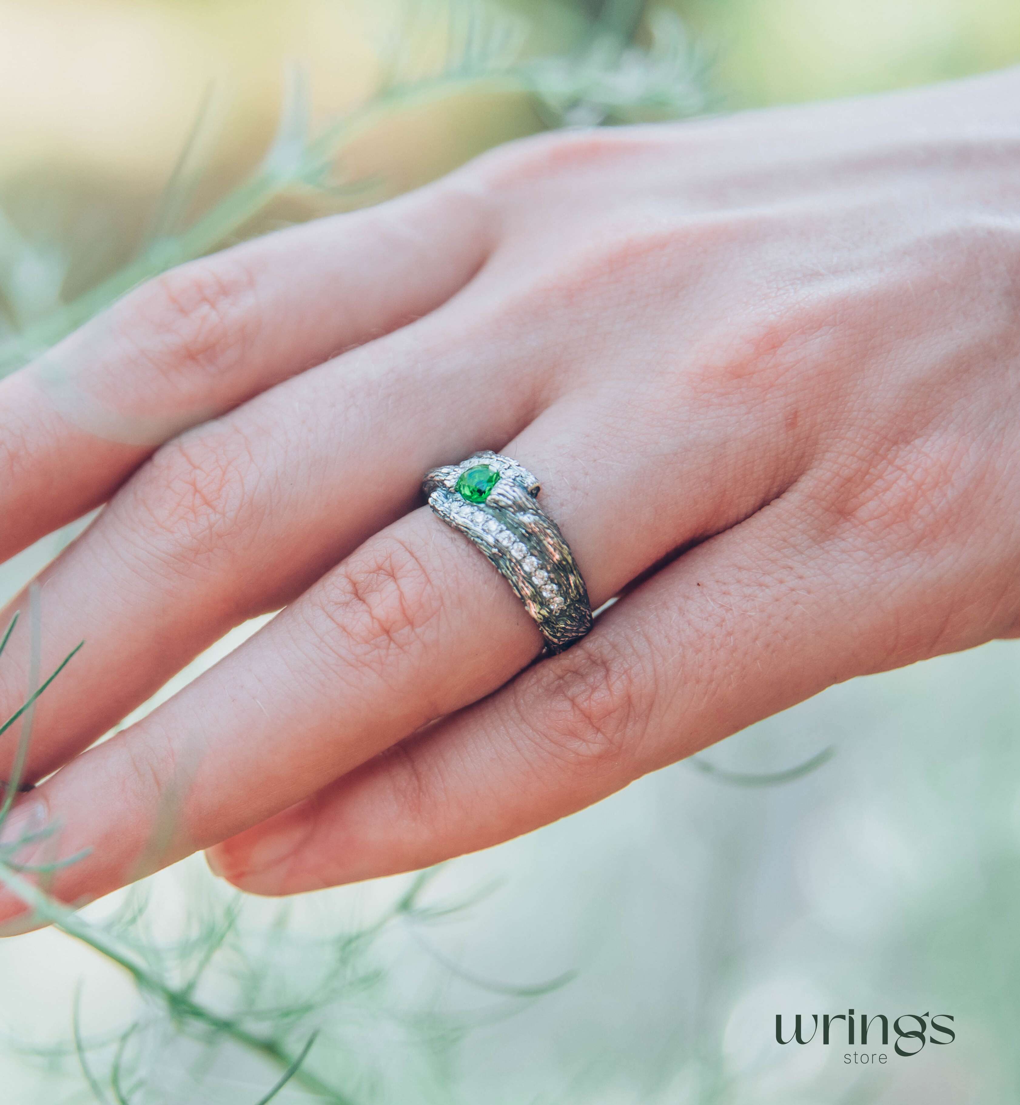 Wide Silver Branch Ring with Magic Emerald & Side CZ