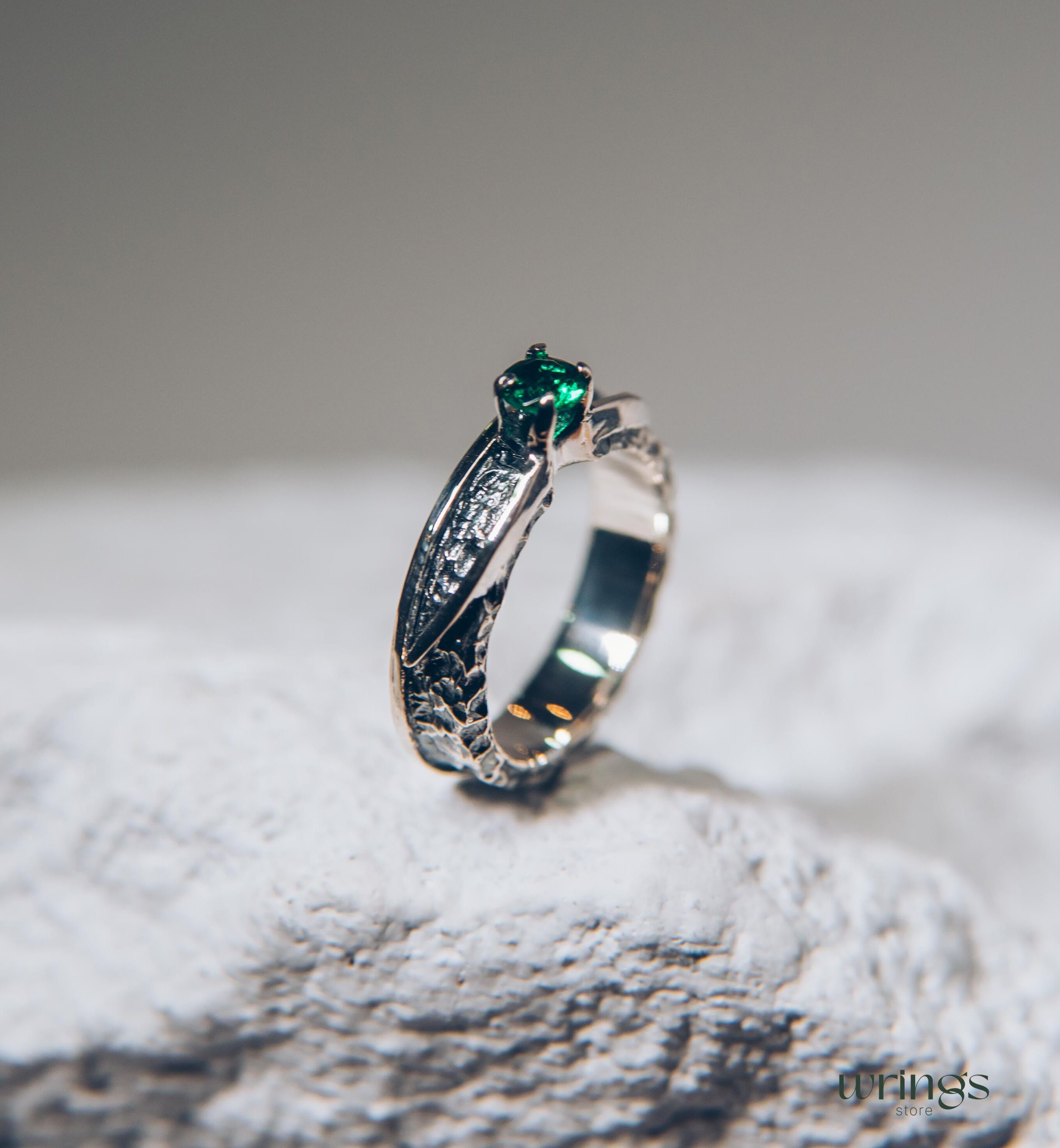 Avant garde Silver Hammered Engagement Ring with Emerald