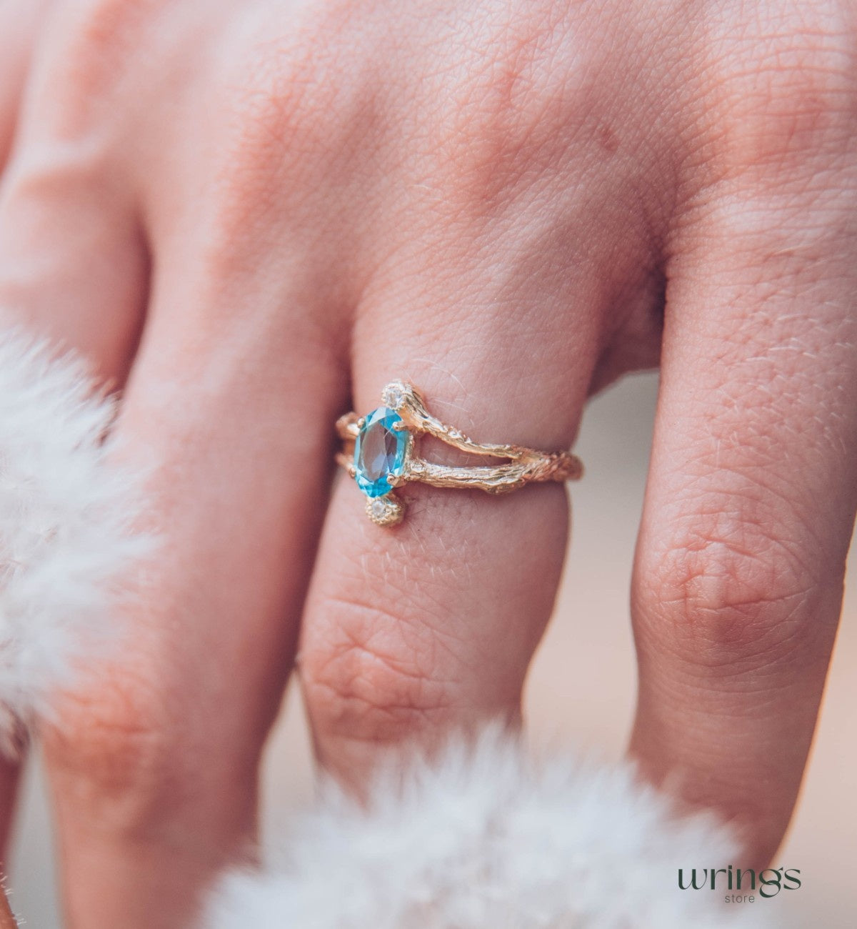 Split Branch Three Stone Topaz Engagement Ring 14k Gold