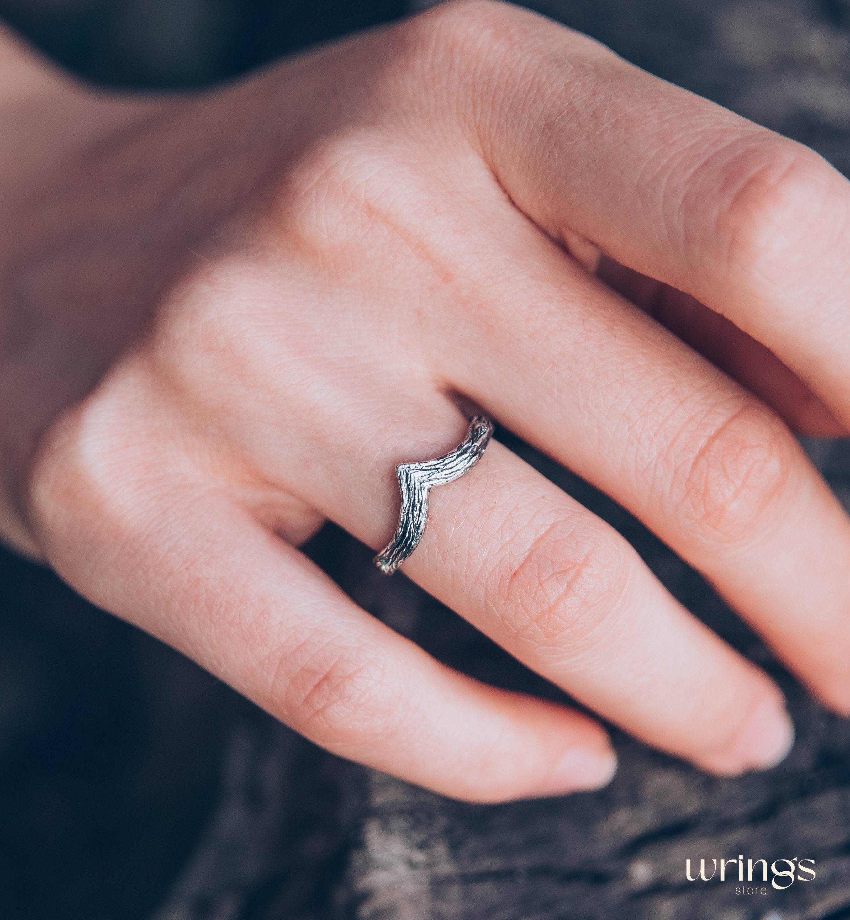 Tree bark Silver Simple Chevron Wedding Band