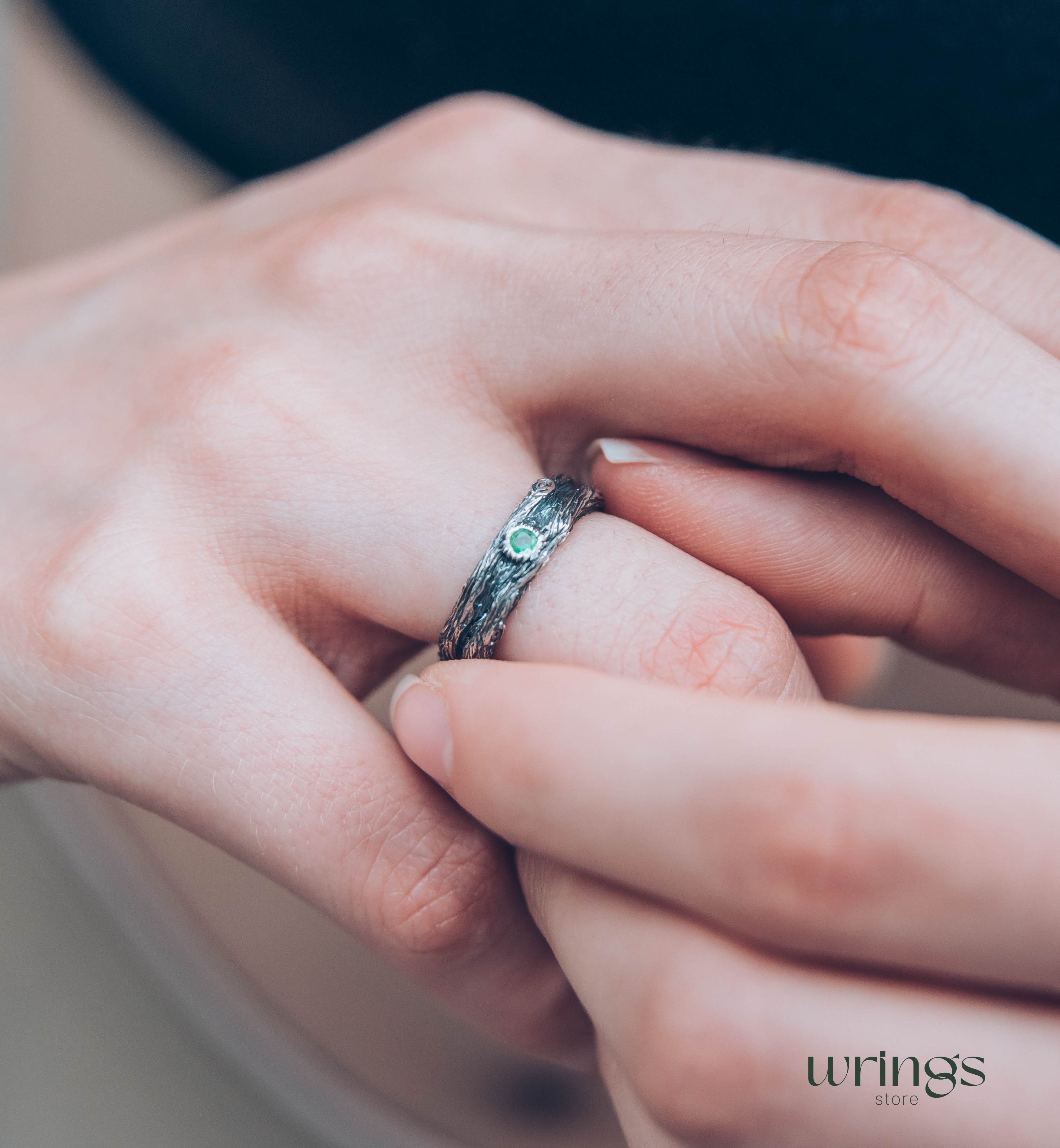 Tree Branch and knots Silver Ring with Emerald