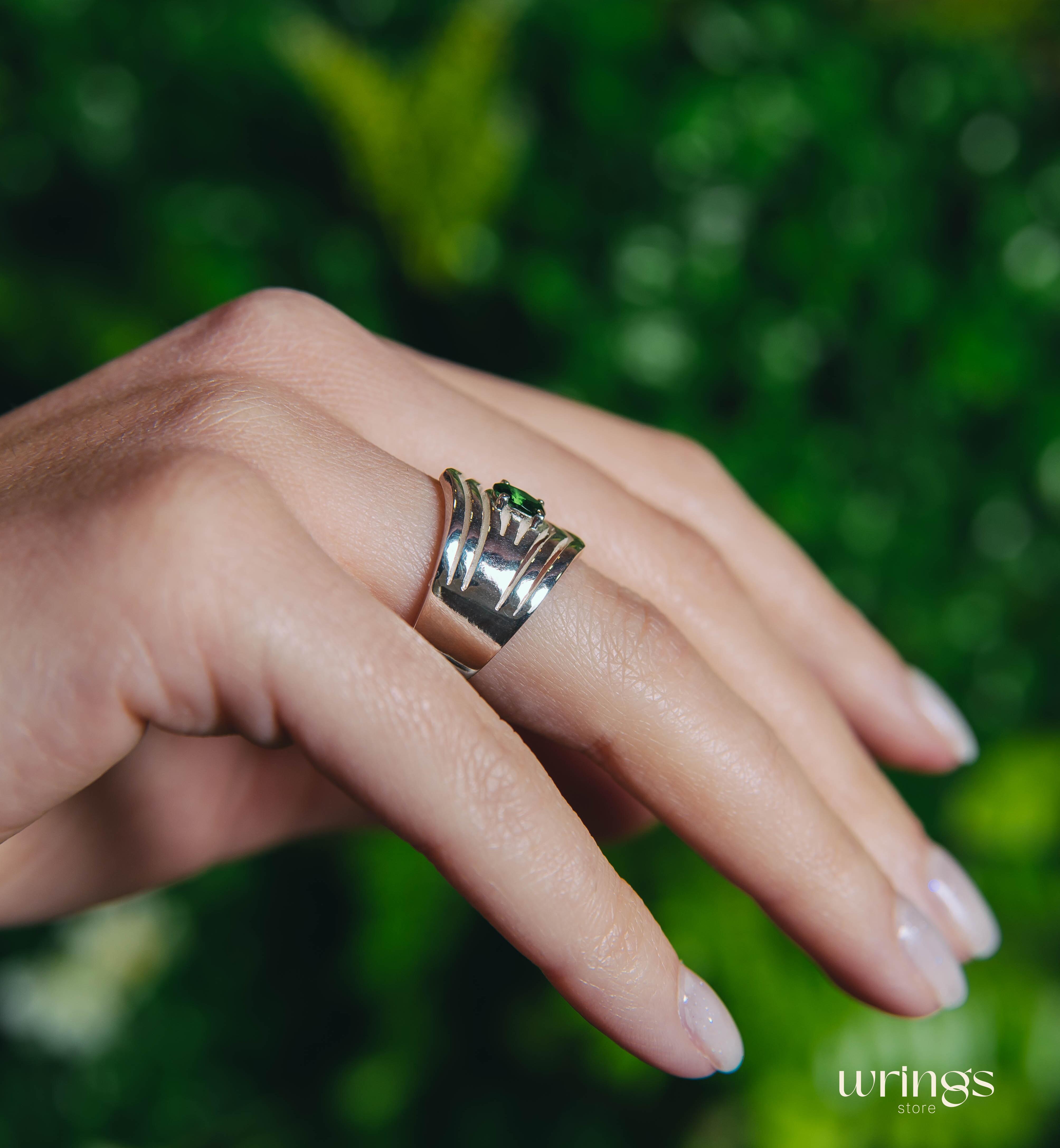 Wide Double Chevron Silver Band with LG Emerald