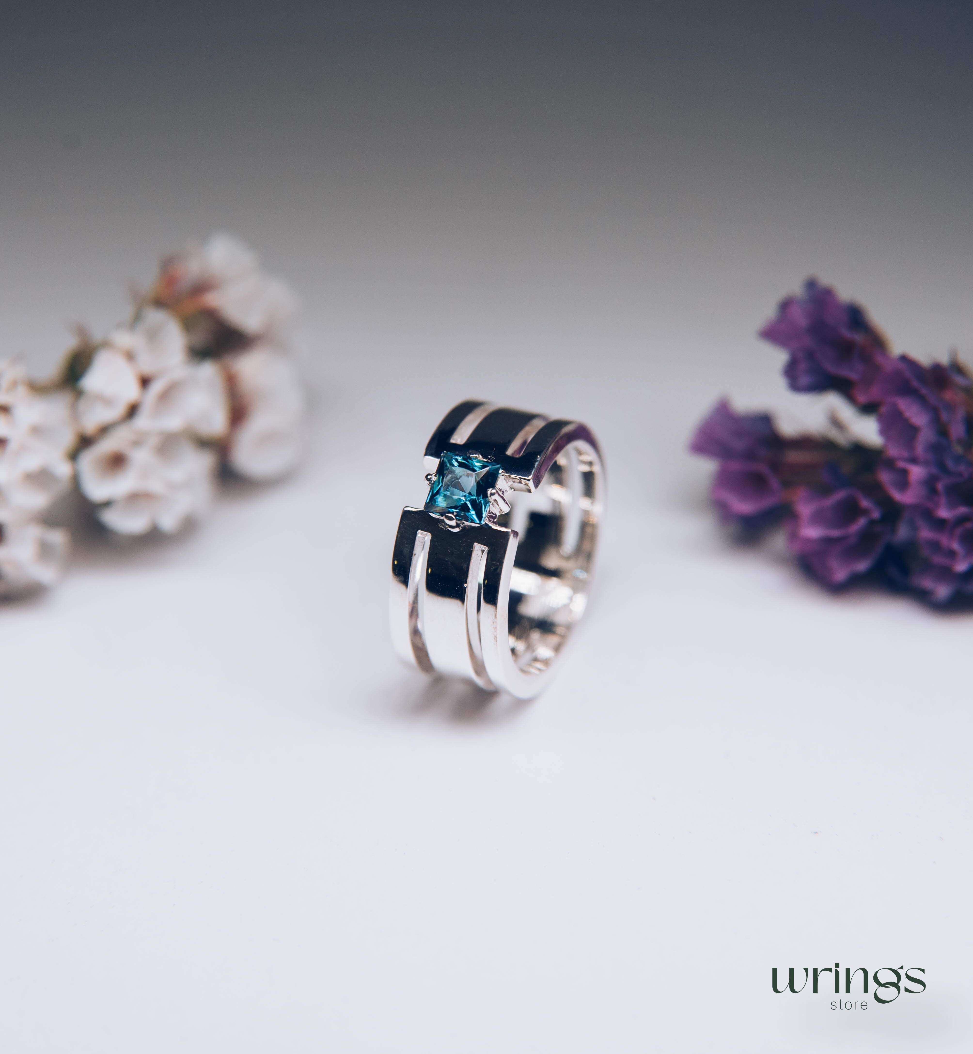 Square London Topaz Silver Wide Band Engagement Ring