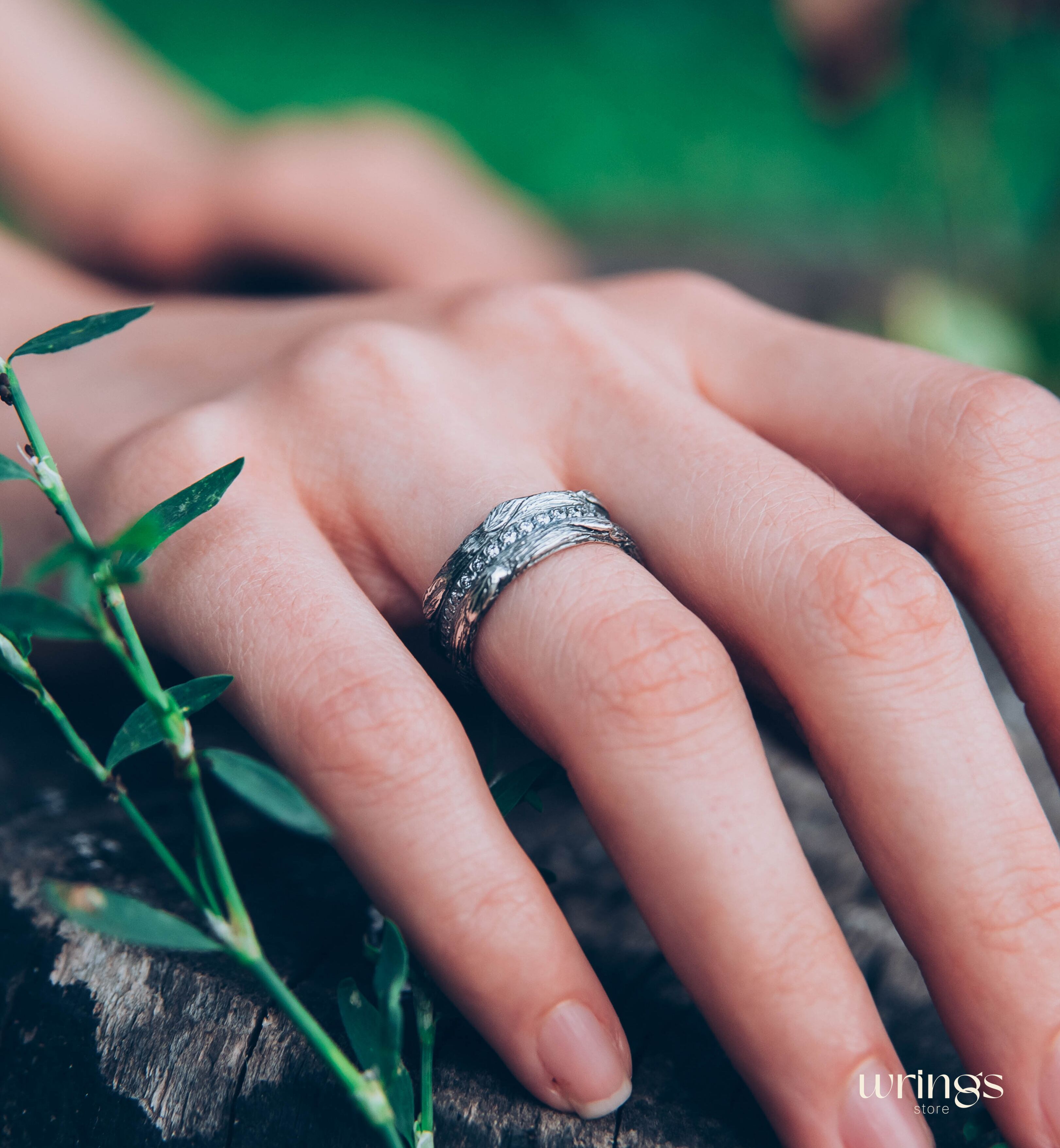 Silver Eternity Ring Wood Leaves and White Stones