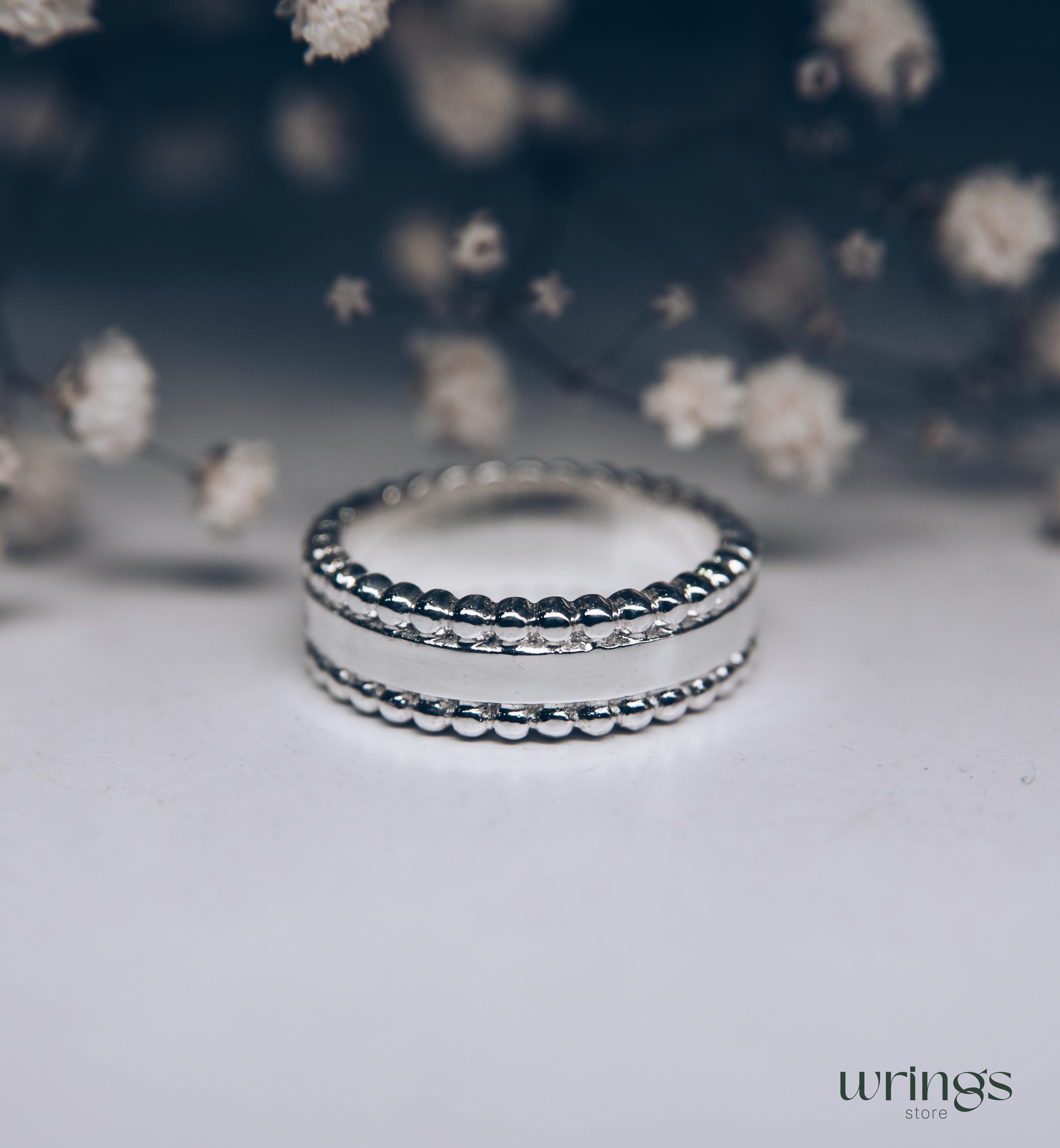 Unique Beaded Silver Half Eternity Band with Diamonds