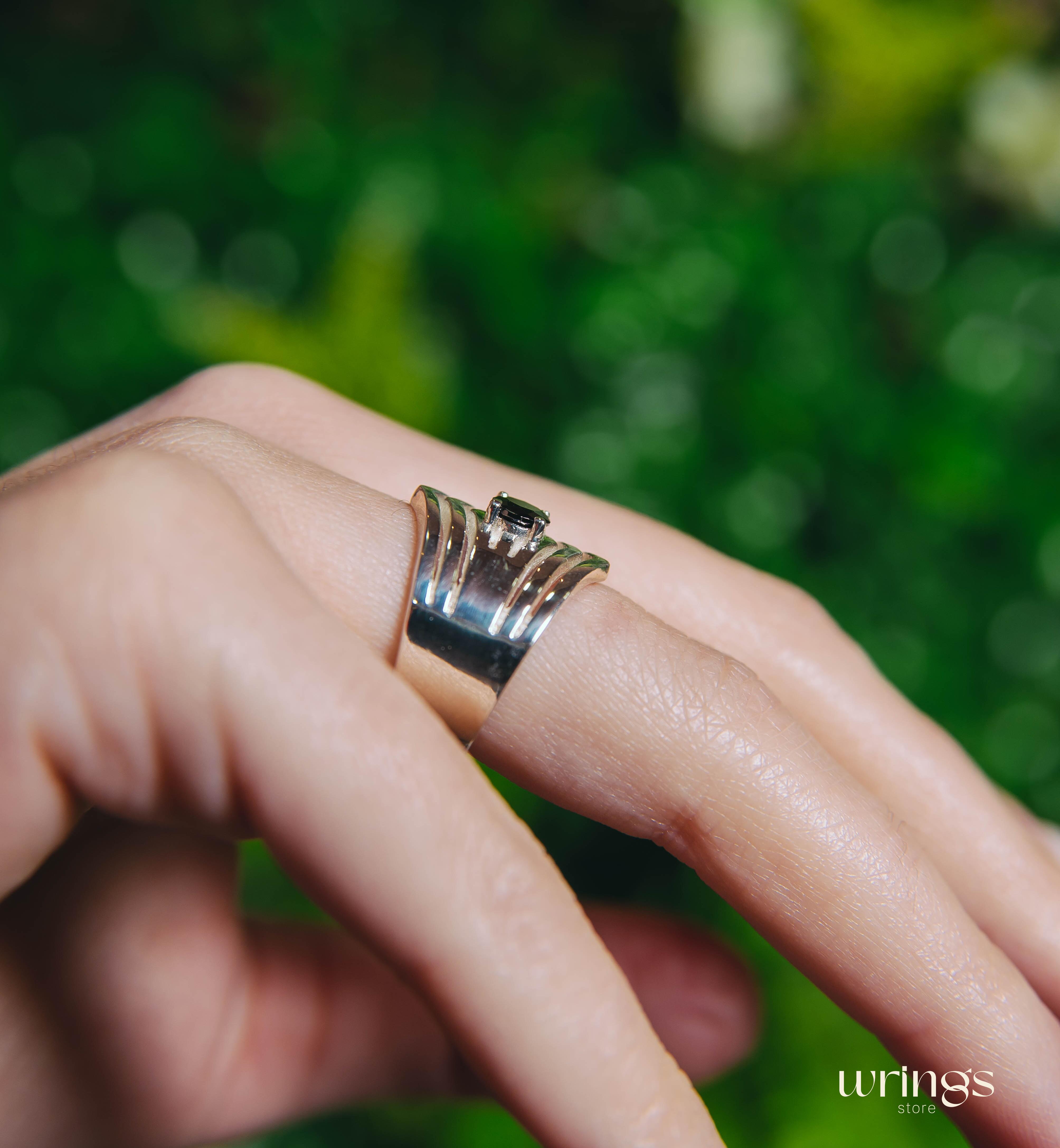 Extra Wide Silver Chevron Band Simulated Black Diamond