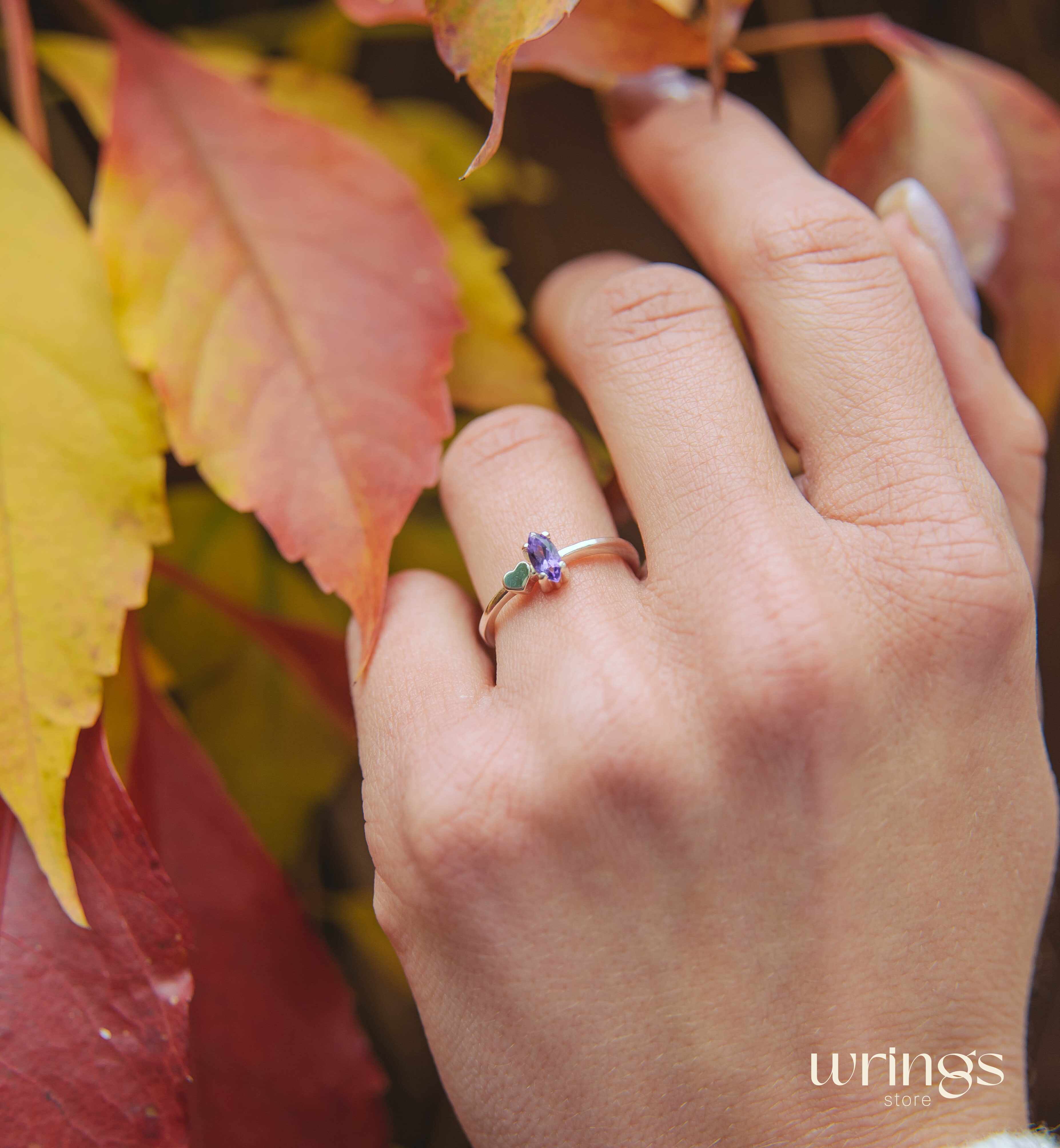 Marquise cut Amethyst Engagement Ring with Side Heart