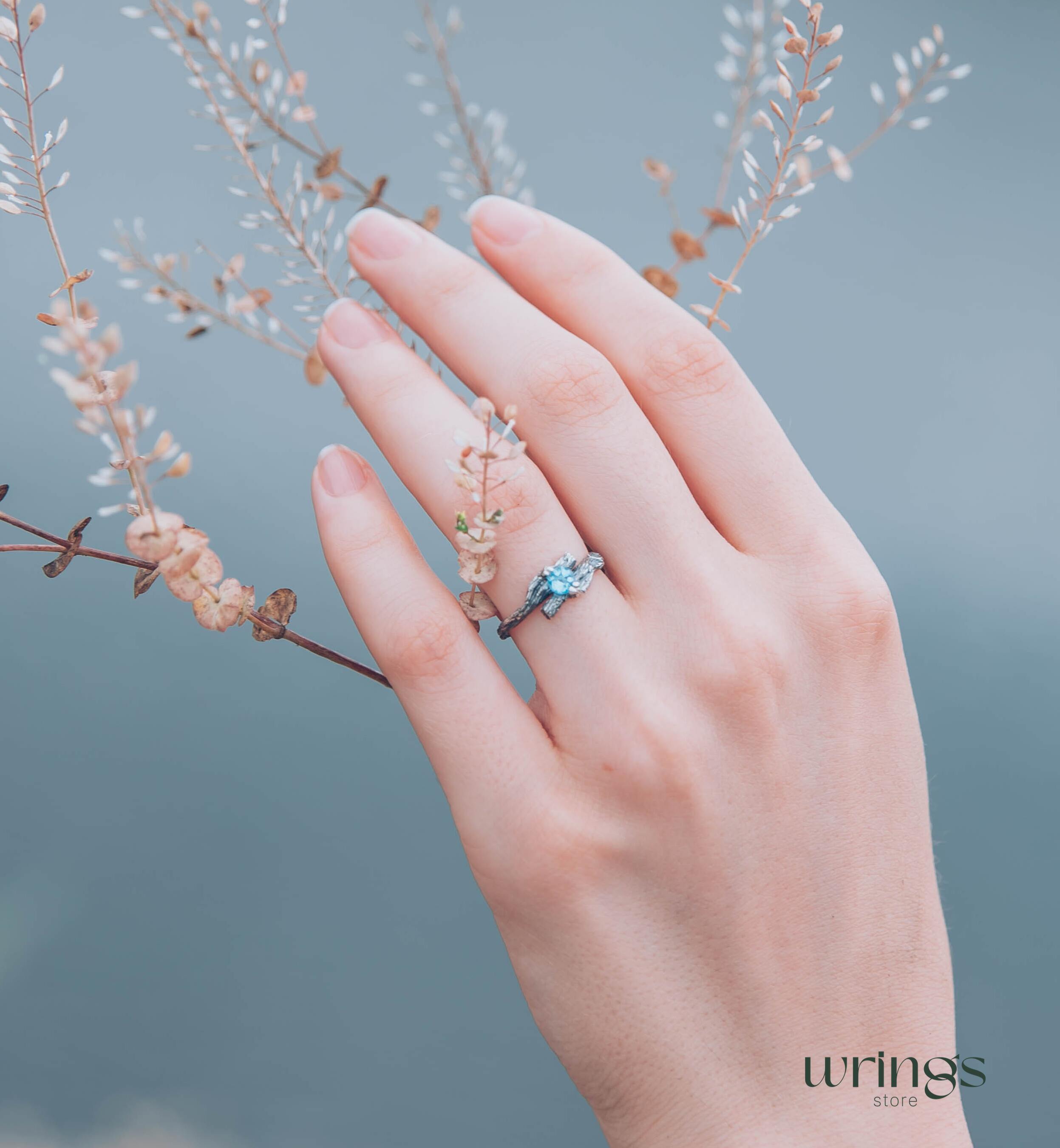 Two Silver Branches with Topaz Engagement Ring