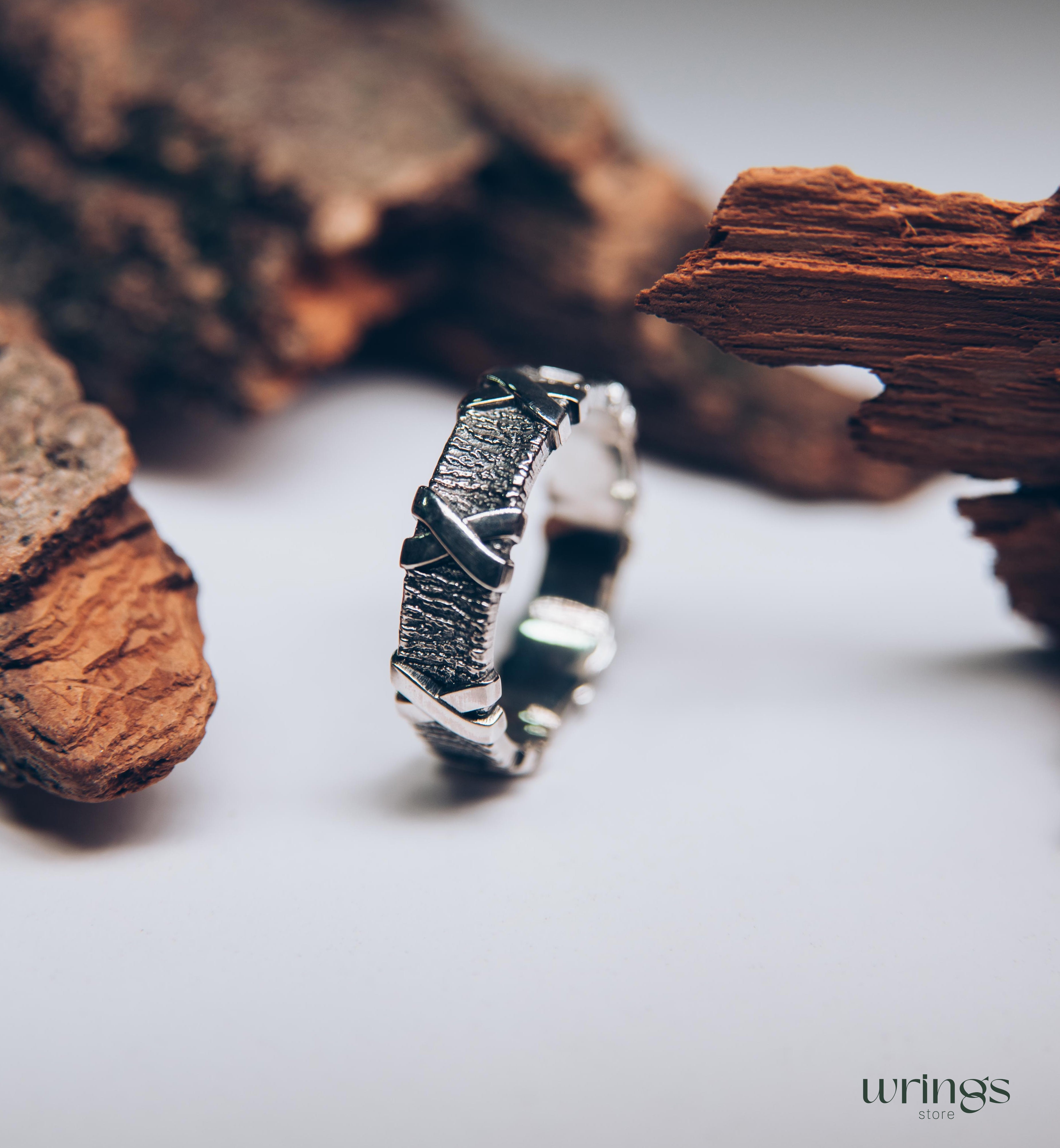 Cross and Tree bark Men's durable Ring — Wild Nature Wedding Band