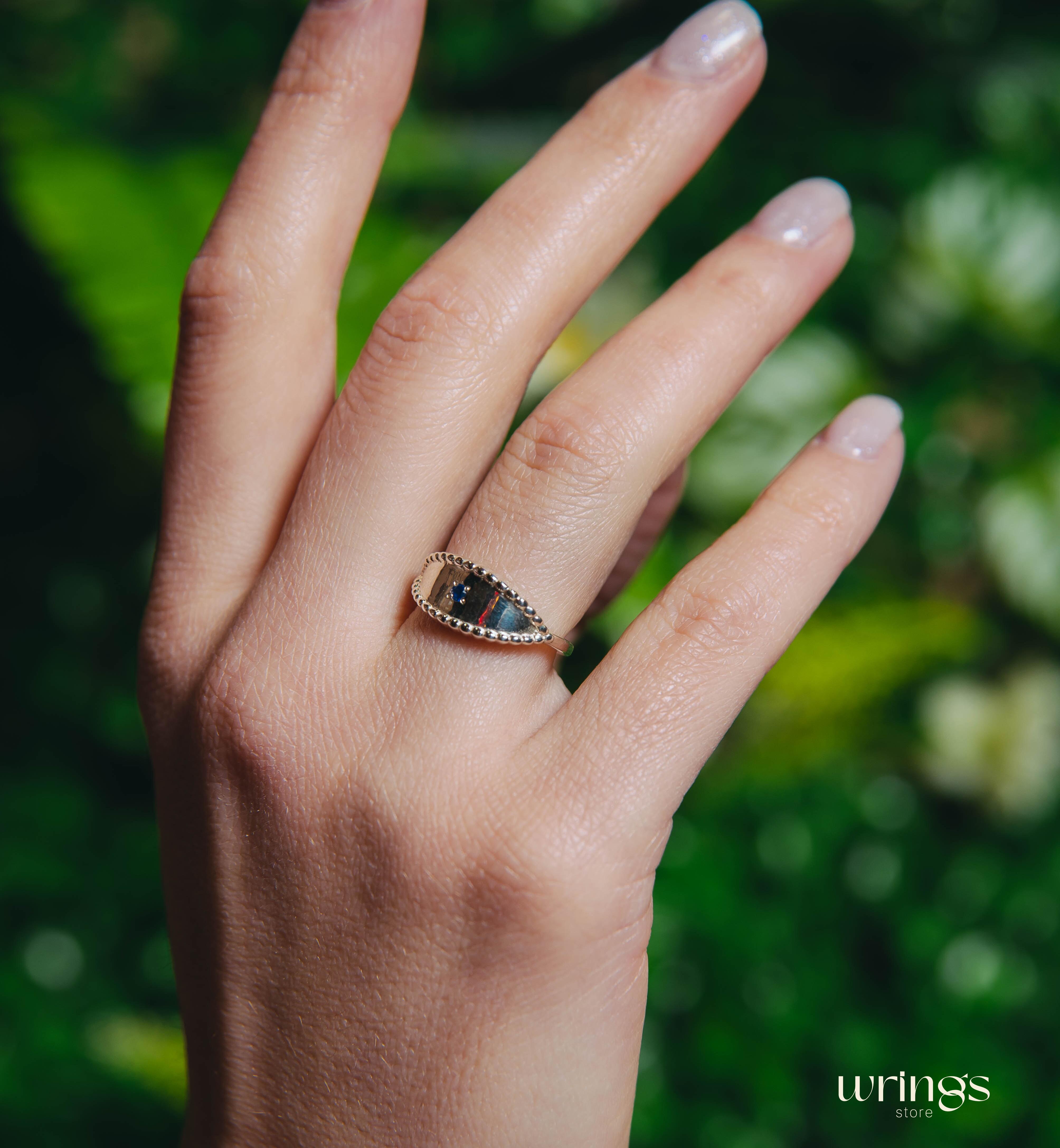 Silver Beaded Spoon Ring with Natural Blue Sapphire