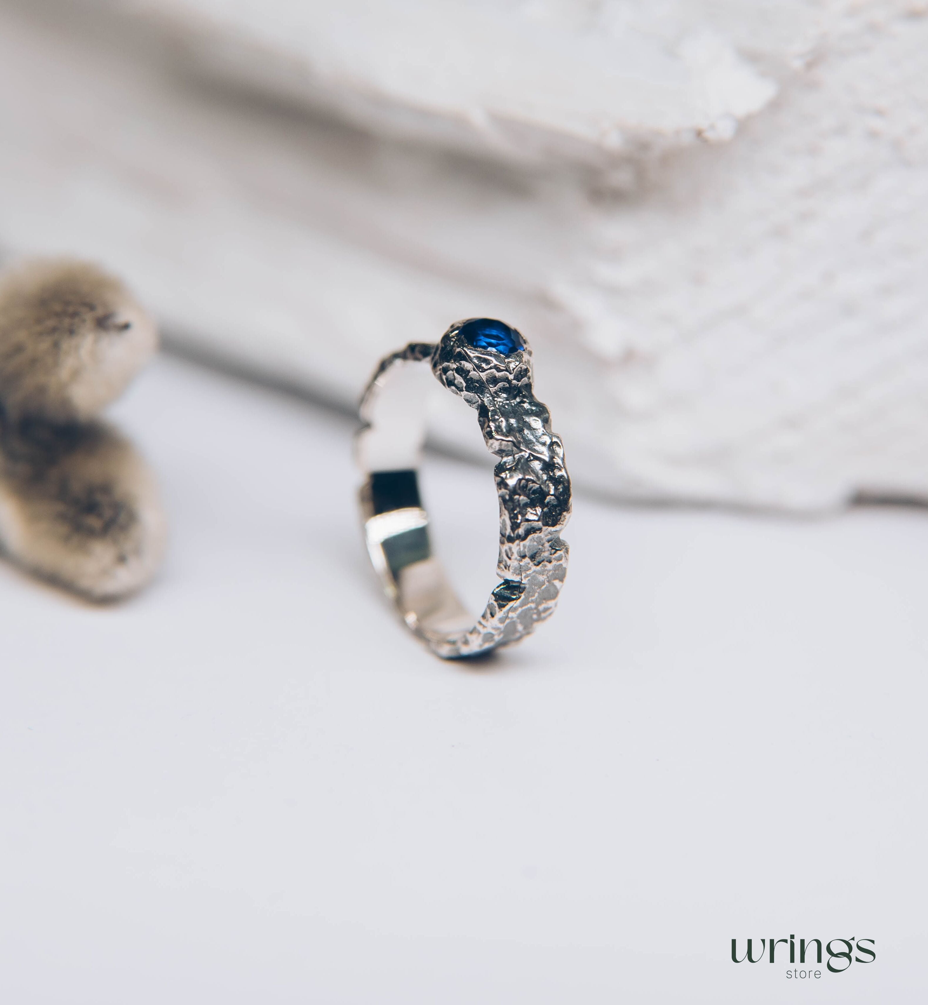 Sapphire Women's & Men's Hammered Sterling Silver Ring