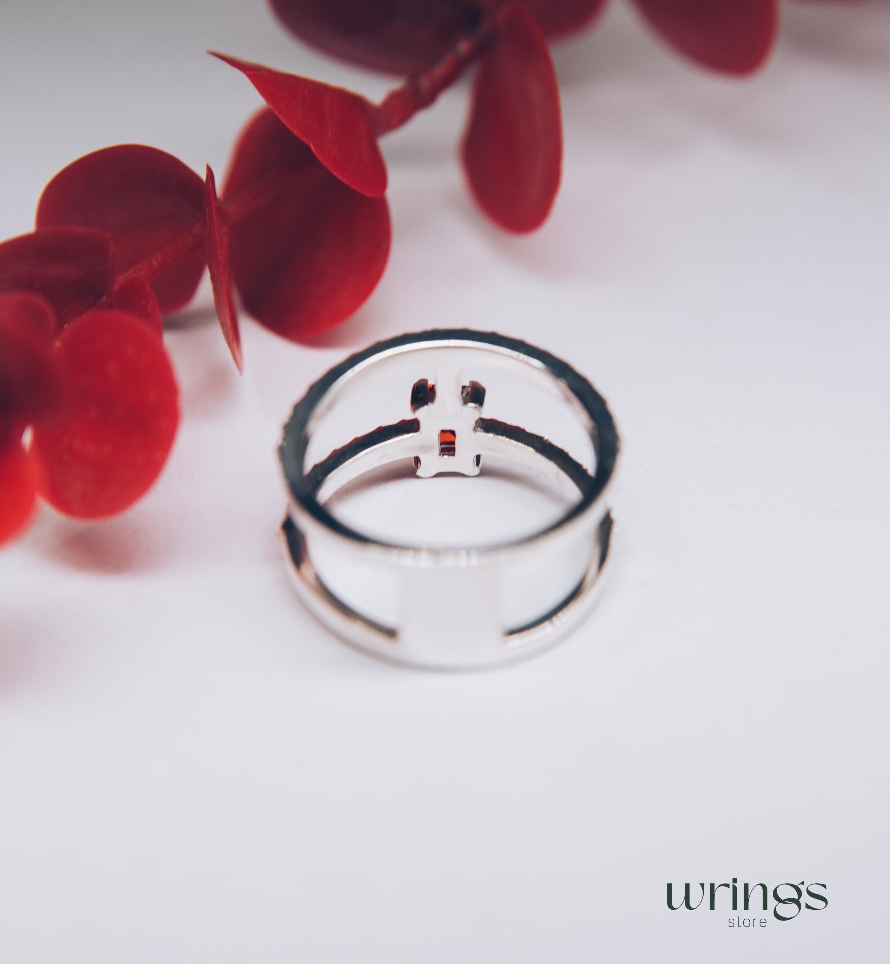 Garnet Two Band Engagement Ring Multiple CZ Stones