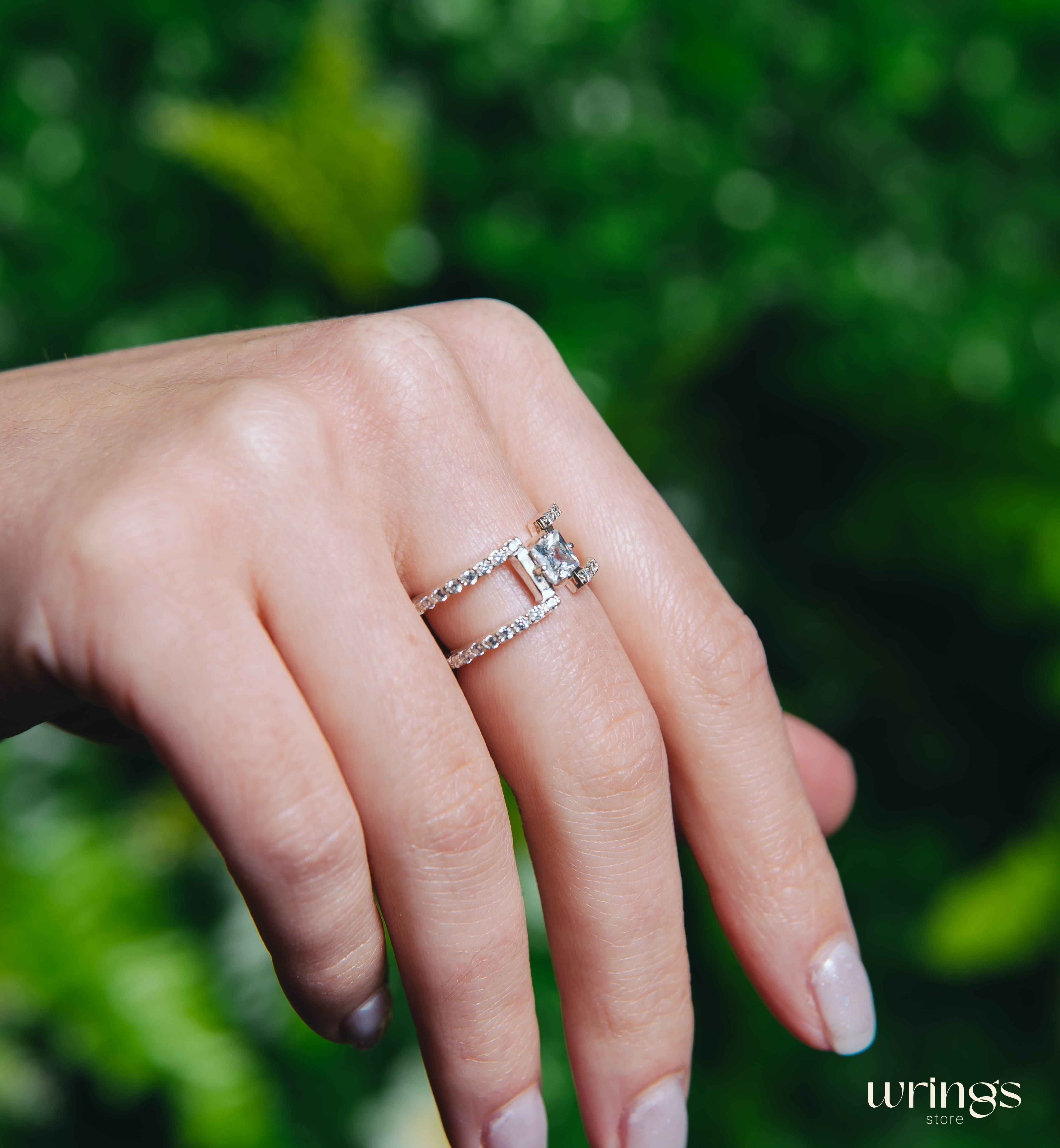 Double Band Silver Cocktail Ring Square Faux Diamond