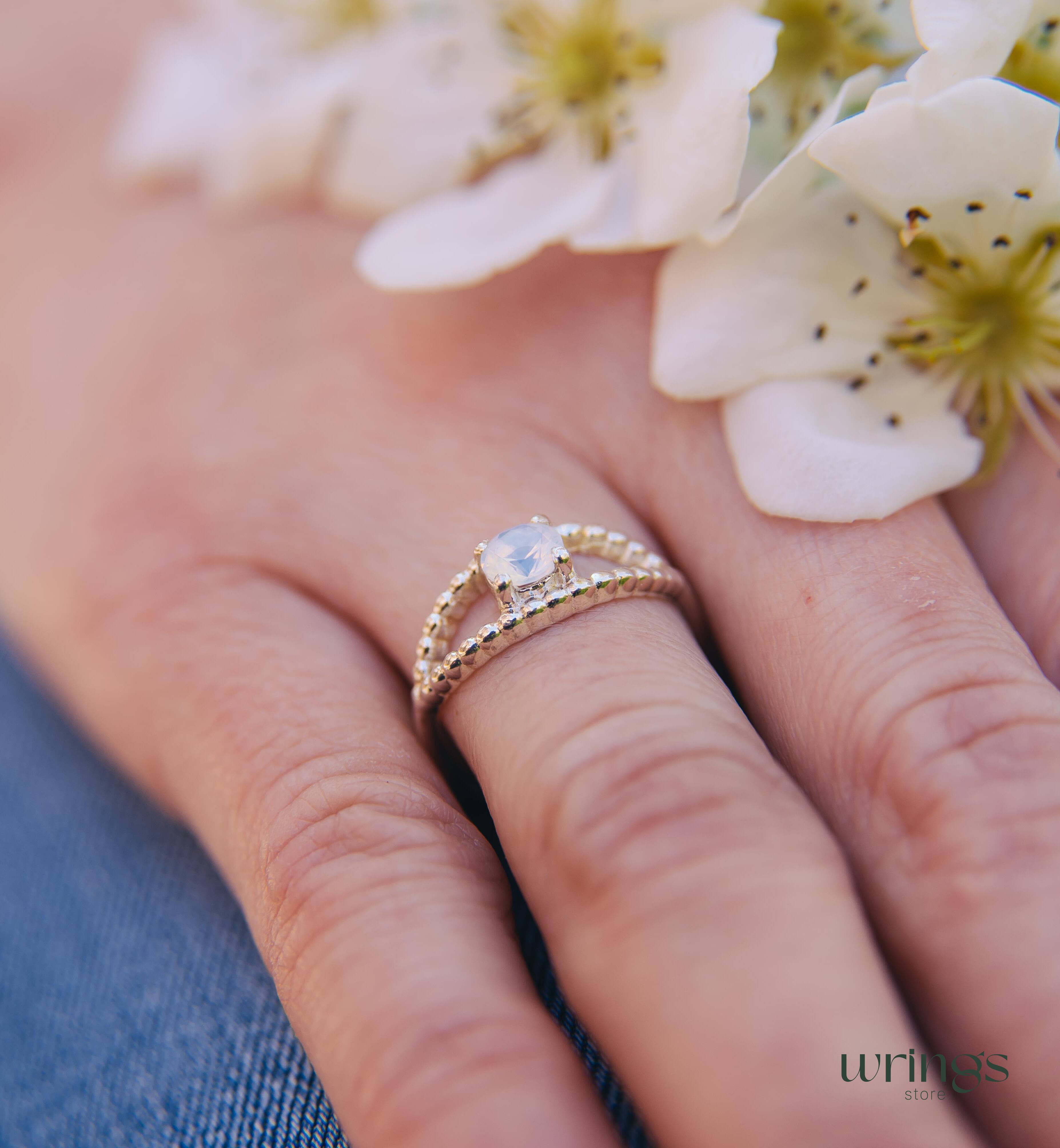 Beaded Silver Evil Eye Ring with Round Moonstone